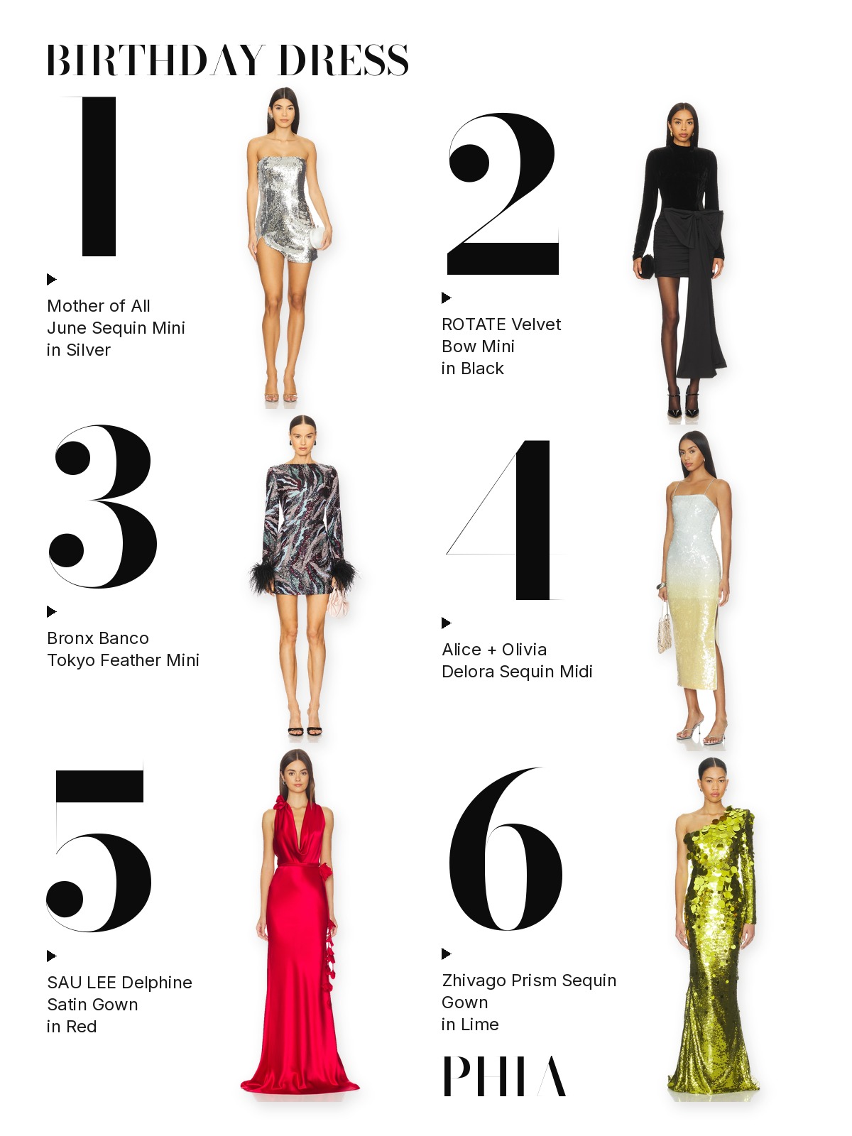 Six numbered birthday party dresses: a silver sequin mini, a black velvet bow mini, a feather-cuff sequin mini, an ombre sequin midi, a red satin gown and a lime paillette gown