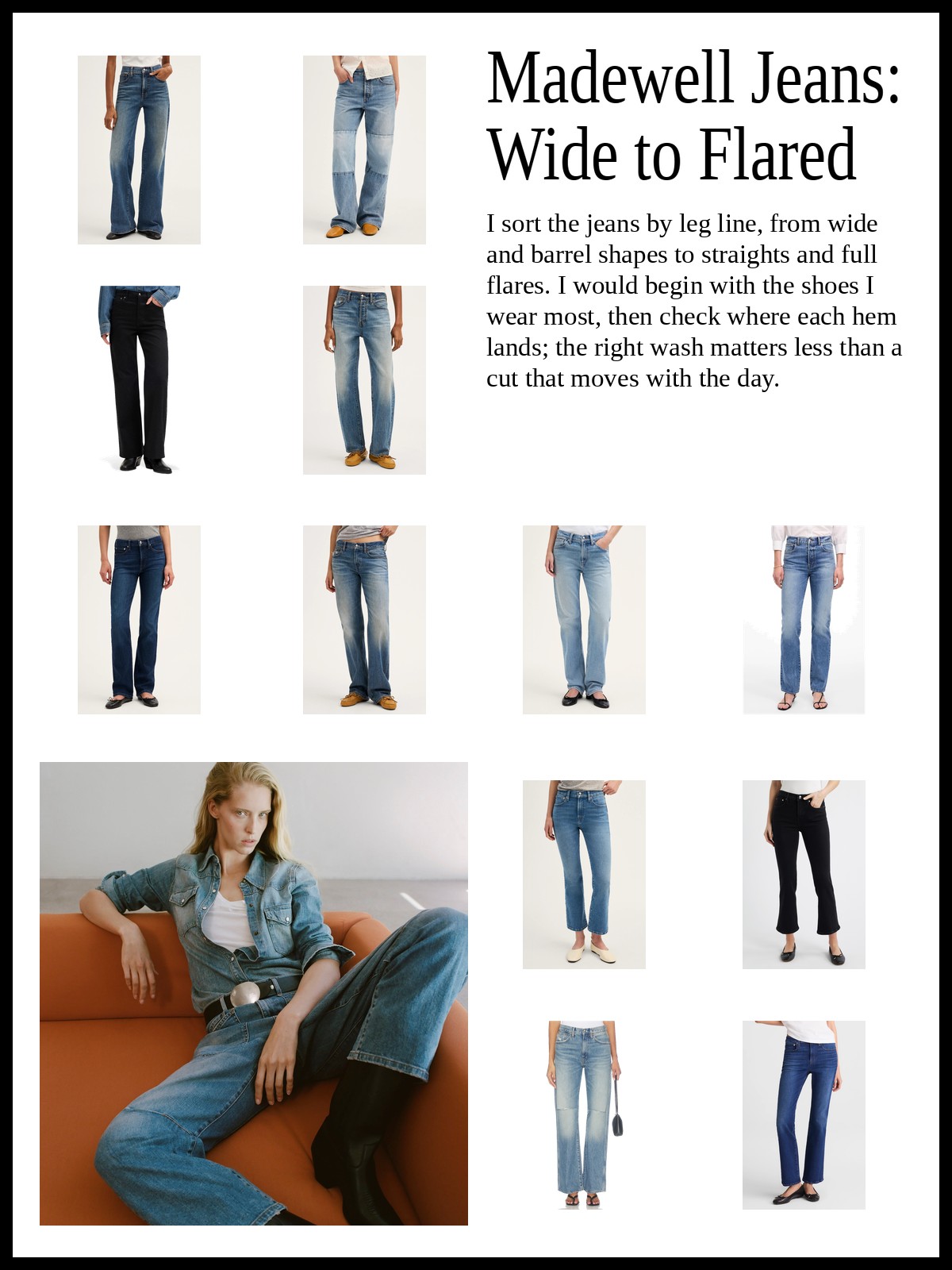 Collage of wide-leg and barrel jeans, straight and slim jeans, and flare and bootcut jeans, plus a mood photo of a seated woman in washed blue denim against a warm leather chair