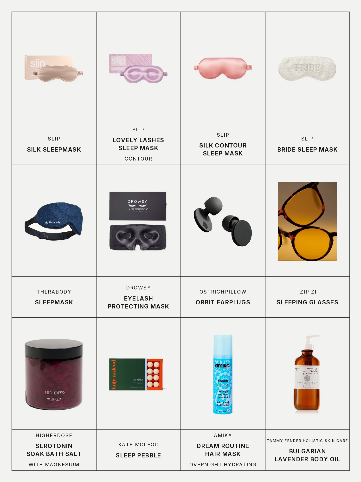 Twelve boxes on a pale grey page, one for each product in this edit, each with its brand and name printed below: Slip Silk Sleepmask, Slip Lovely Lashes Contour Sleep Mask, Slip Silk Contour Sleep Mask, Slip Bride Sleep Mask, Therabody SleepMask, Drowsy Eyelash Protecting Mask, Ostrichpillow Orbit Earplugs, Izipizi Sleeping Glasses, HigherDose Serotonin Soak - Magnesium Bath Salt for Muscle Relaxation & Mood Boost, Kate McLeod Sleep Pebble, Amika Dream Routine Overnight Hydrating Hair Mask and Tammy Fender Holistic Skin Care Bulgarian Lavender Body Oil.