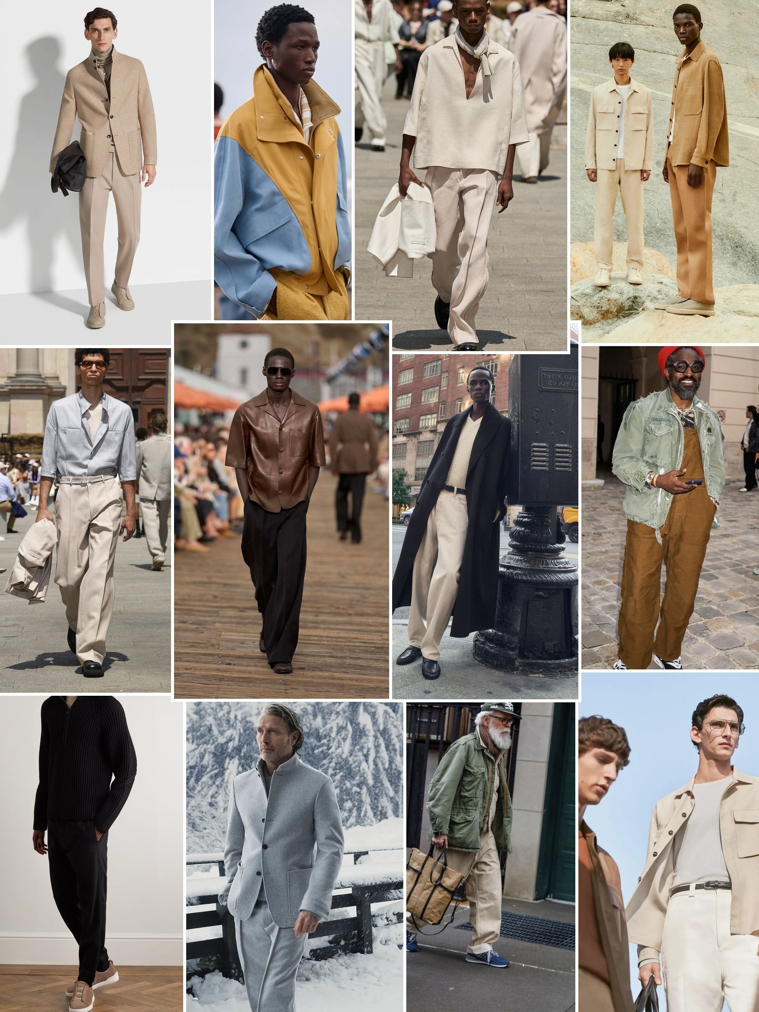 Collage of menswear in tailored wool, neutral suits, textured knits, coats, and street style.