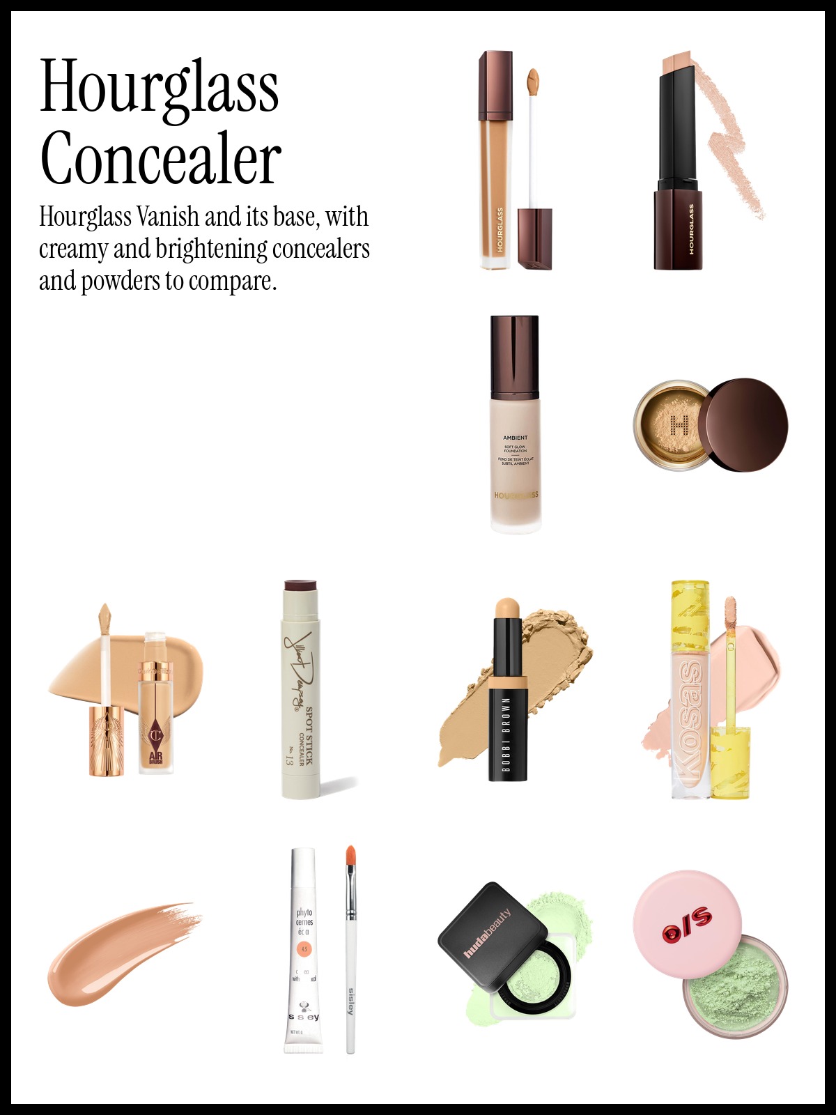 Collage of Hourglass Vanish Airbrush Concealer, Charlotte Tilbury Airbrush Flawless Concealer and Kosas Revealer Concealer