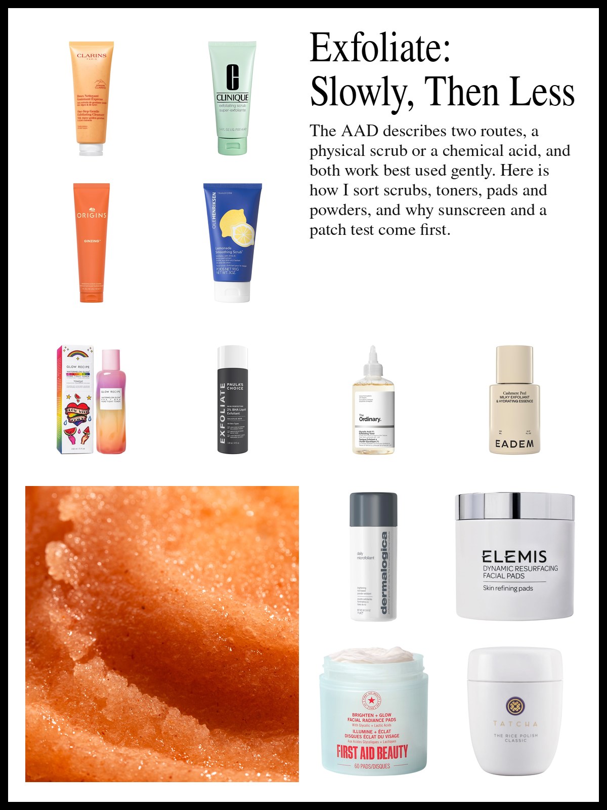 Collage of exfoliating cleansers, acid toners, peel pads and an enzyme powder beside a photo of a folded white towel and a bowl of water, and a mood photo of a close-up of orange sugar scrub.