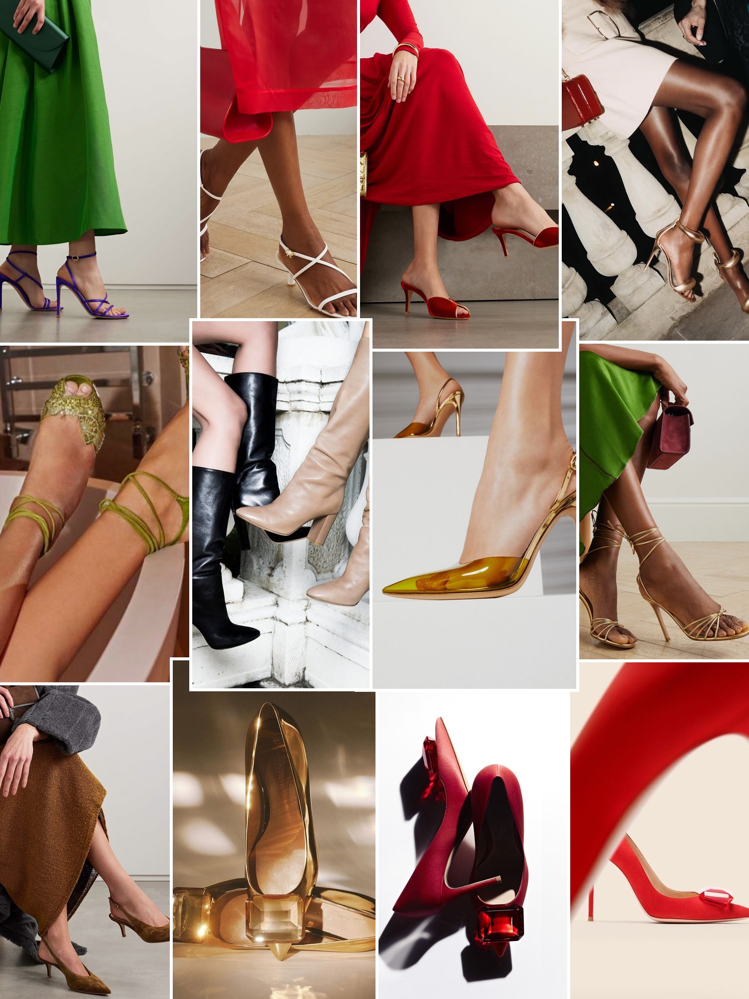 Collage of shoes styled with city, runway and evening outfits that capture the Gianvito Rossi mood