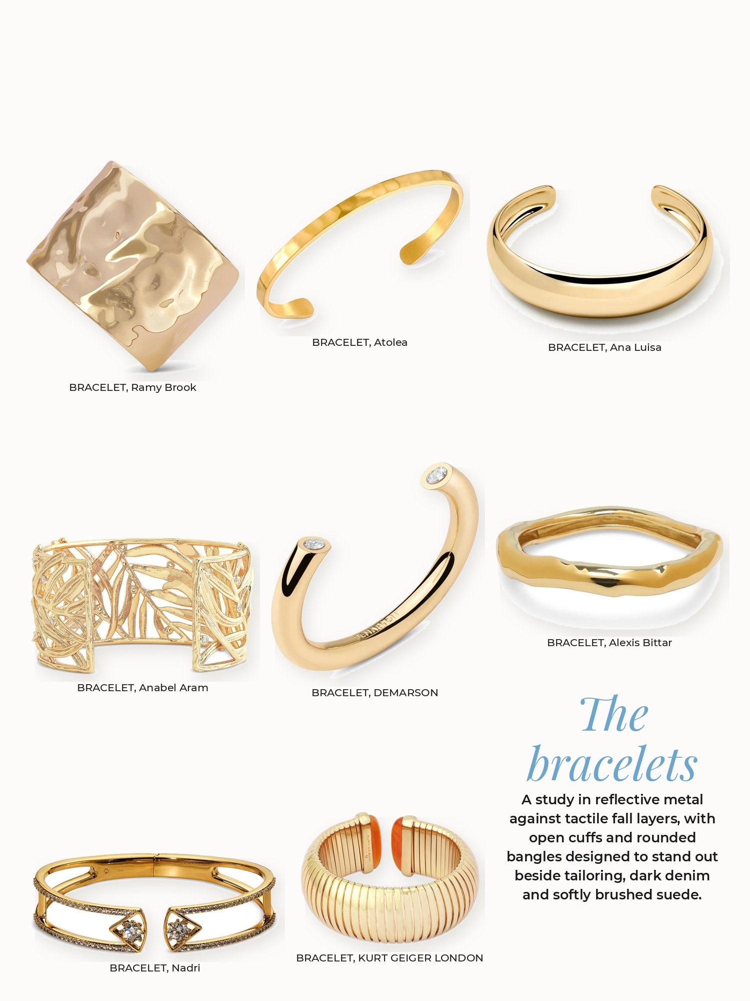 Bracelets collage: Alexis Bittar, Ana Luisa, Anabel Aram, Atolea, DEMARSON, KURT GEIGER LONDON, Nadri, Ramy Brook