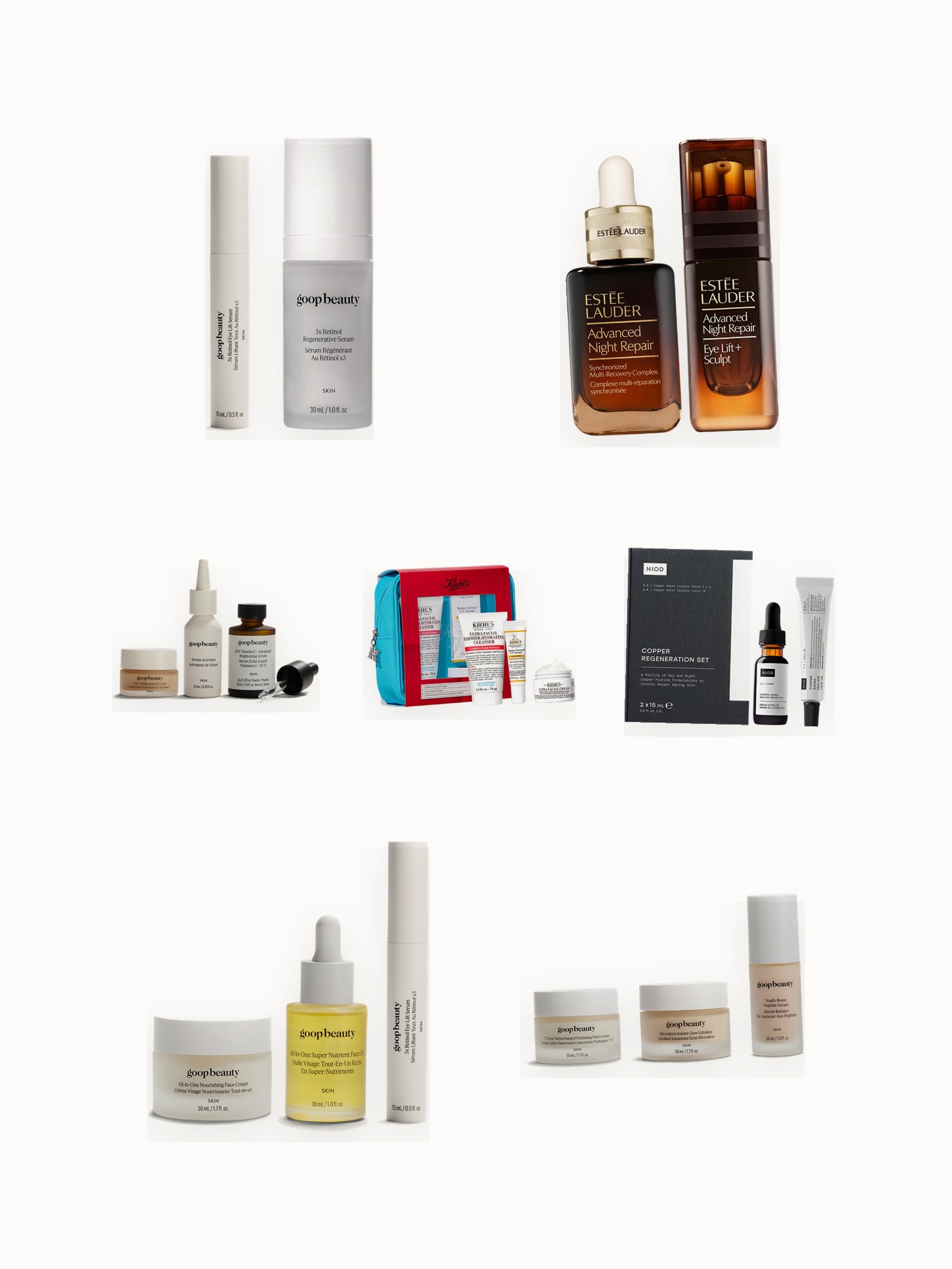 Flat lay of skincare sets, a retinol face and eye kit, a vitamin C duo and serum bottles on an off-white background
