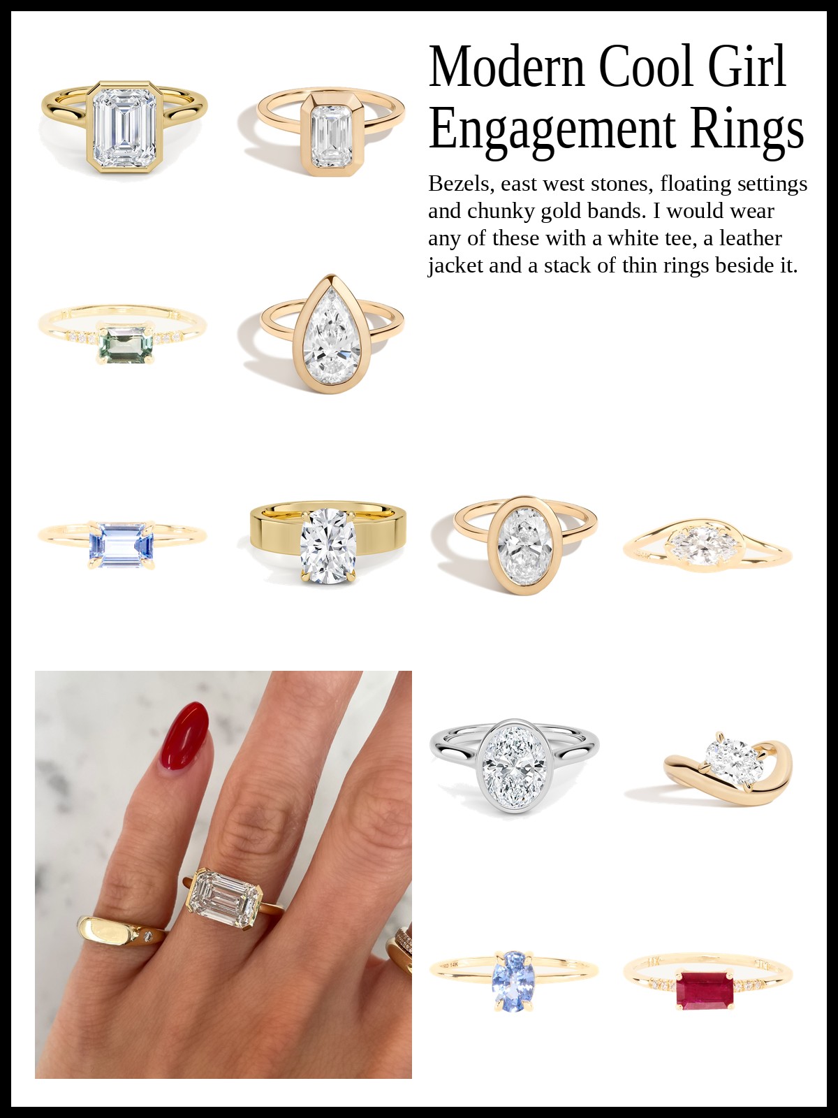 Collage of modern engagement rings with bezels, east west emeralds and floating settings, beside a hand wearing an east west emerald cut ring and a gold signet.