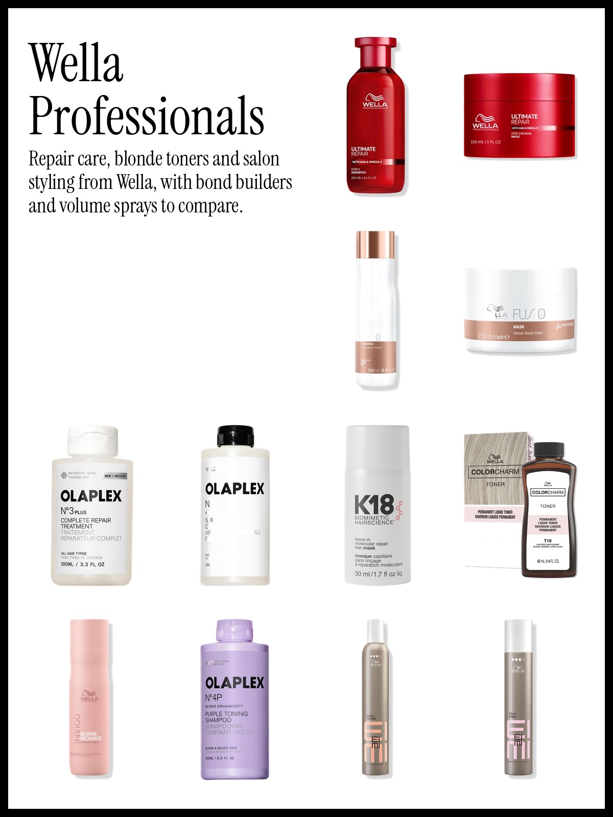 Collage of Wella Ultimate Repair Shampoo, Olaplex No.3PLUS Pre-Shampoo Mask and Wella Colorcharm Permanent Liquid Toner