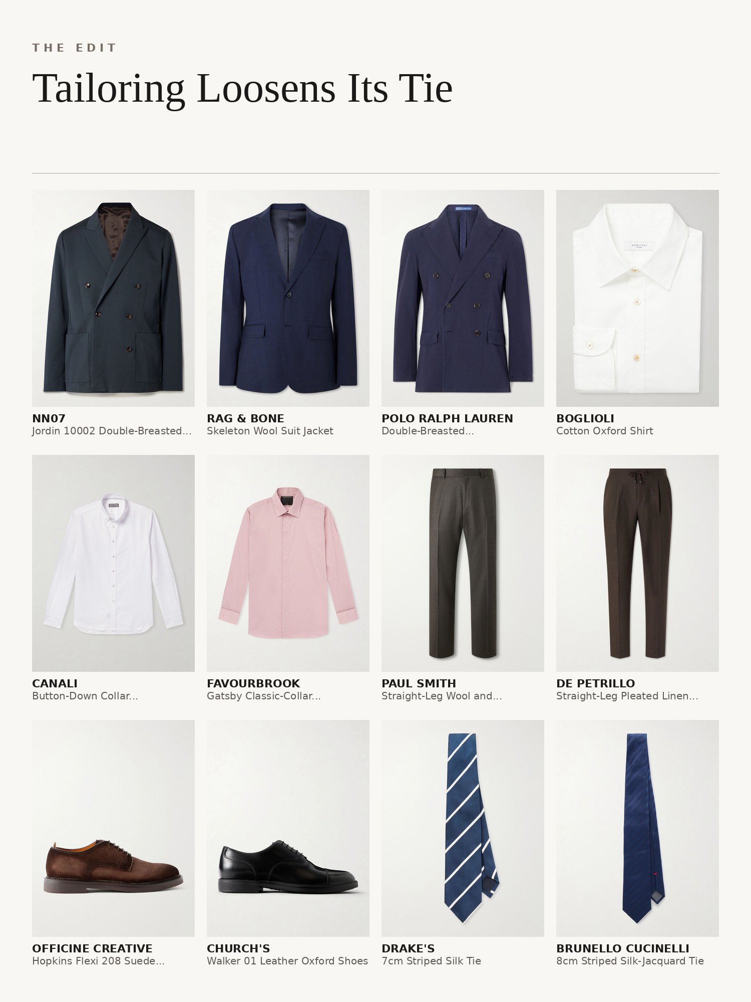 Collage of relaxed tailoring for men: soft suit jackets, white and blue shirts, pleated trousers, suede derby shoes, silk ties and leather belts