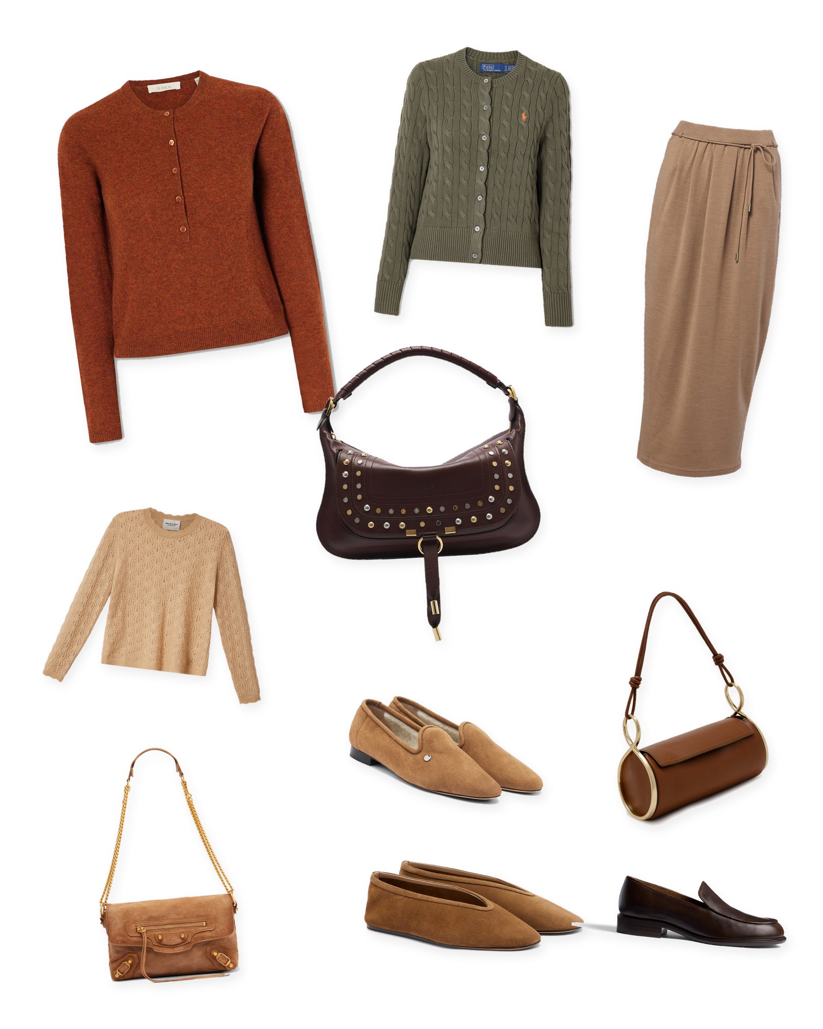Flat lay of a rust henley, an olive cable cardigan, a camel knit midi skirt, a dark brown studded shoulder bag, a camel sweater, a saddle leather barrel bag, a tan suede shoulder bag and suede loafers and ballet flats on white.