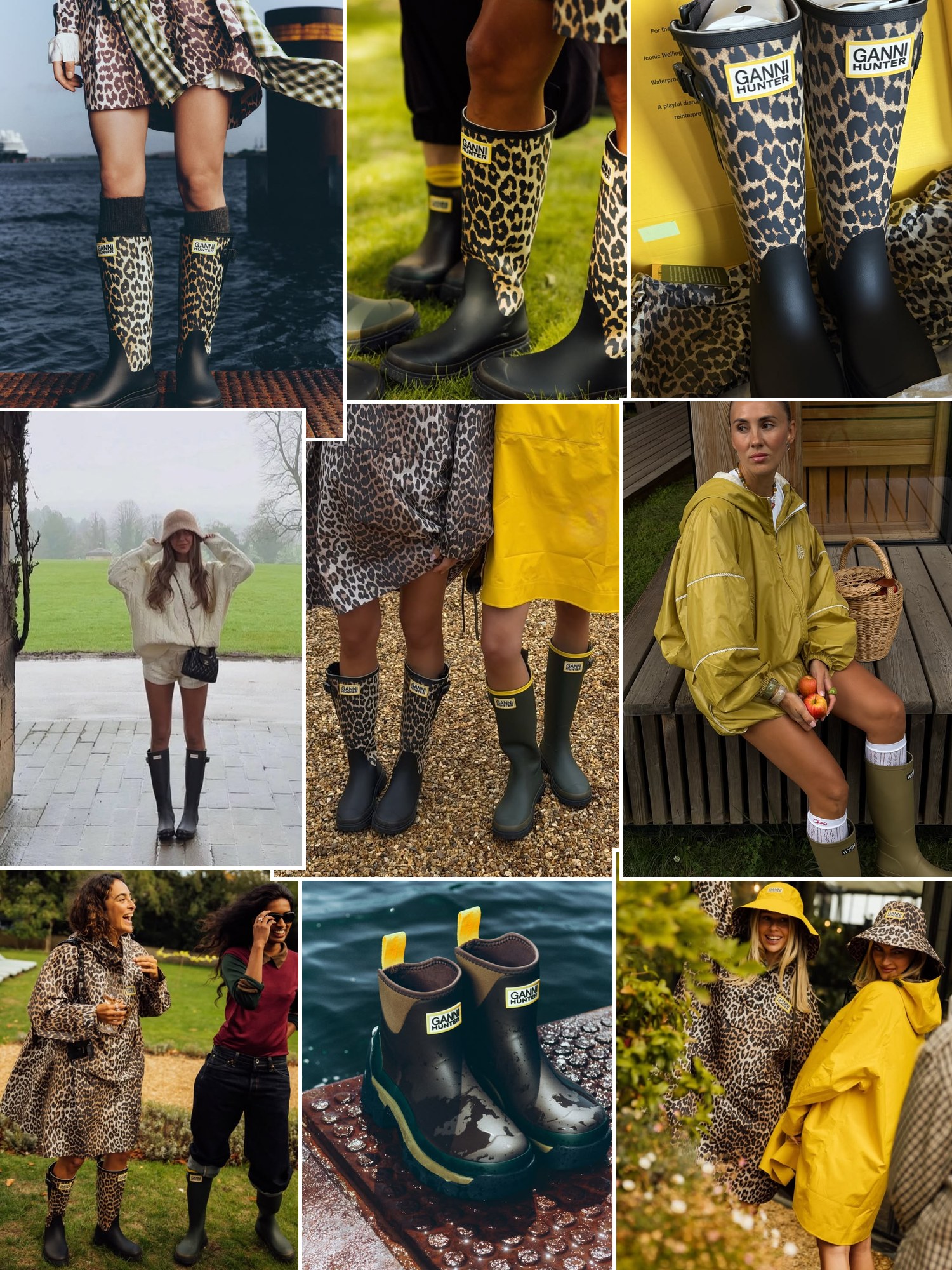 Collage of everyday outfits built around GANNI x Hunter boots
