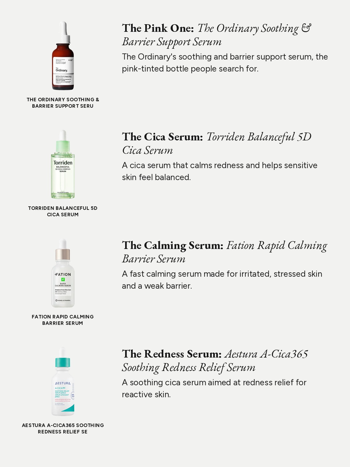 A spec-list collage of barrier serums from The Ordinary, Torriden, Fation, and Aestura.
