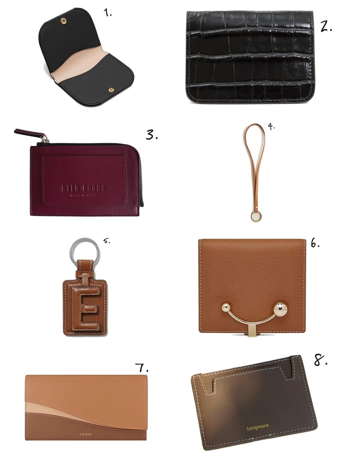 Numbered collage: 1. Cuyana Fold Cardholder; 2. Clare V. Card Case; 3. Hyer Goods Piccolo Zip Wallet; 4. Parker Thatch Leather Lanyard in Cognac; 5. Métier Letter Key Ring in Cognac; 6. Strathberry Crescent Wallet in Tan; 7. Polène Sierra Wallet in Camel; 8. Songmont Yore Tiger-Tooth Cardholder