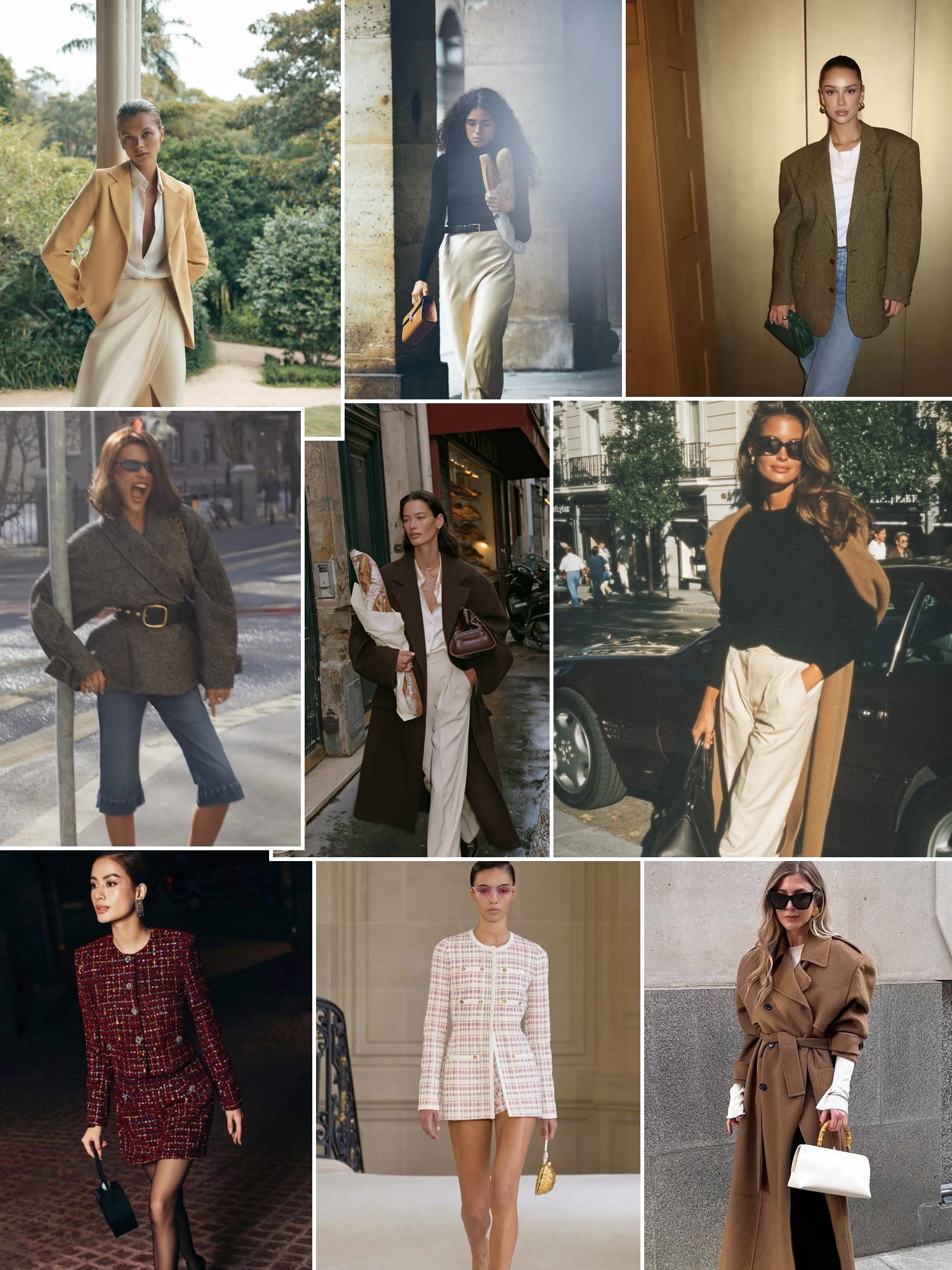 Collage of quiet luxury fall looks with blazers, trench coats and boots