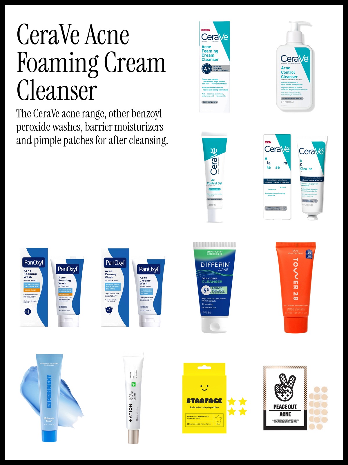 Collage of CeraVe Acne Foaming Cream Face Cleanser, PanOxyl 10% Benzoyl Peroxide Foaming Wash and Tower 28 SOS Barrier Moisturizer