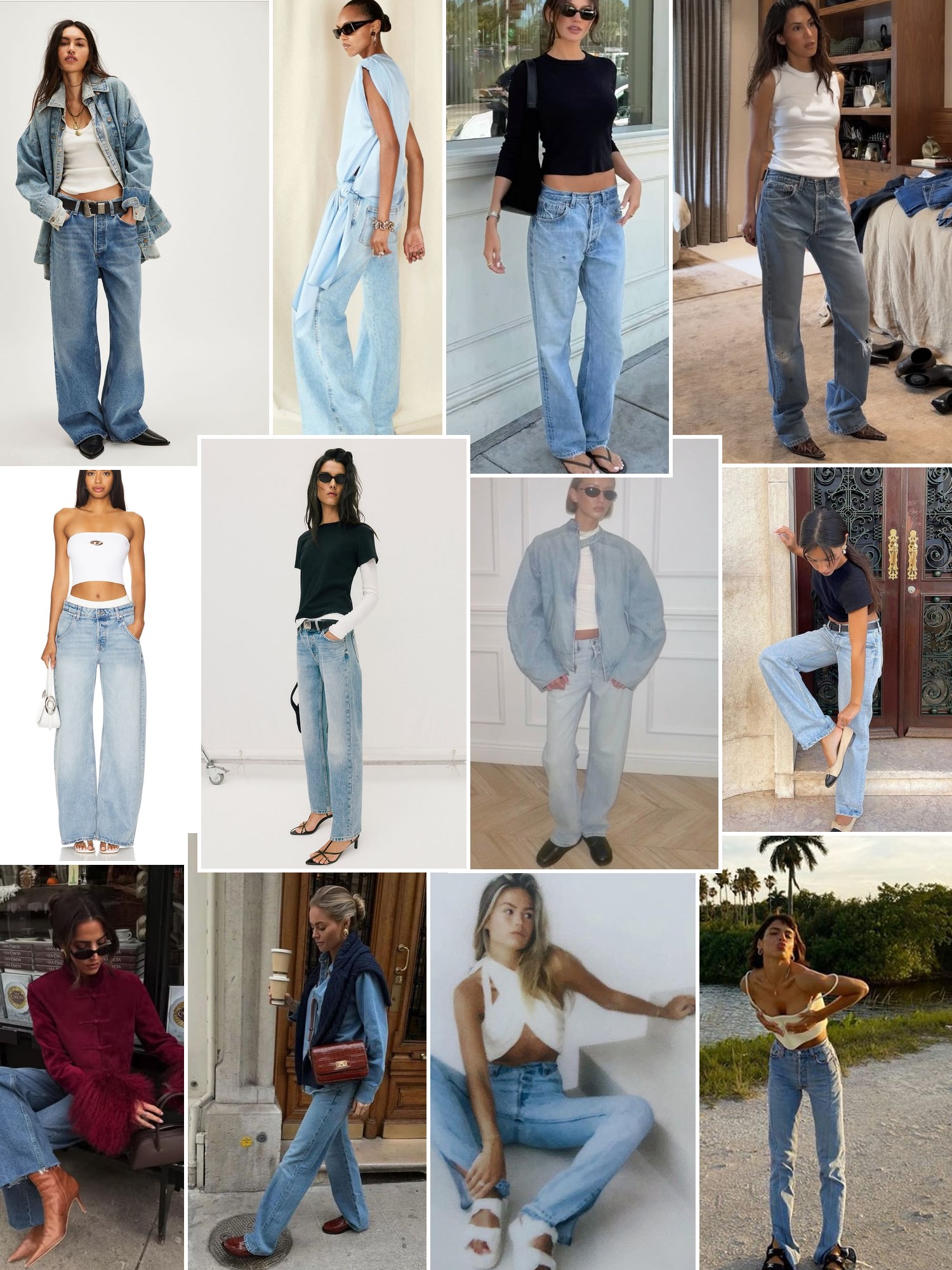 Collage of runway looks, campaign shots and street style outfits that capture the EB Denim mood