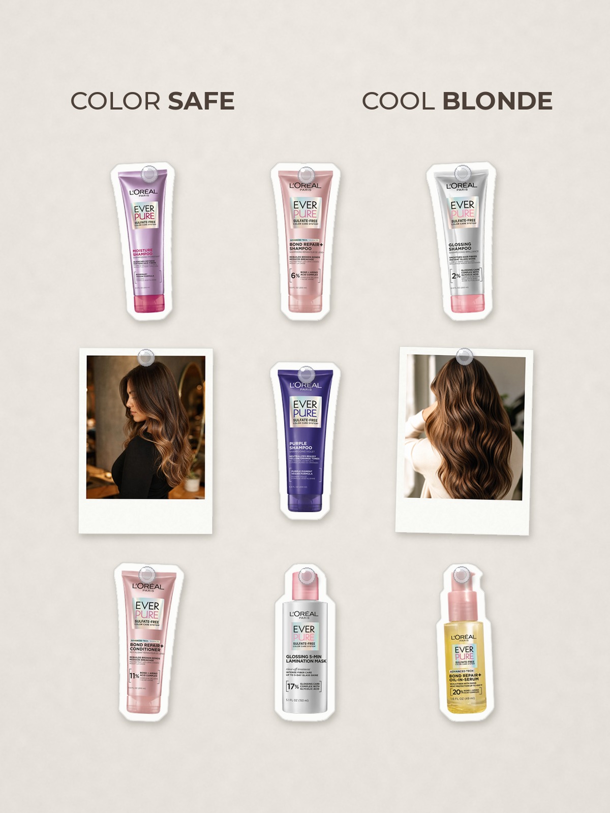 Cut-out product collage with two campaign-style photos: L'Oréal Paris EverPure Brass Toning Purple Sulfate-Free Shampoo; L'Oréal Paris EverPure Moisture Rosemary Sulfate-Free Shampoo; L'Oréal Paris EverPure Bond Repair Sulfate-Free Shampoo; L'Oréal Paris EverPure Glossing Sulfate-Free Shampoo; L'Oréal Paris EverPure Bond Repair Sulfate-Free Conditioner; L'Oréal Paris EverPure Glossing Lamination Hair Mask; L'Oréal Paris EverPure Bond Repair Oil-in-Serum