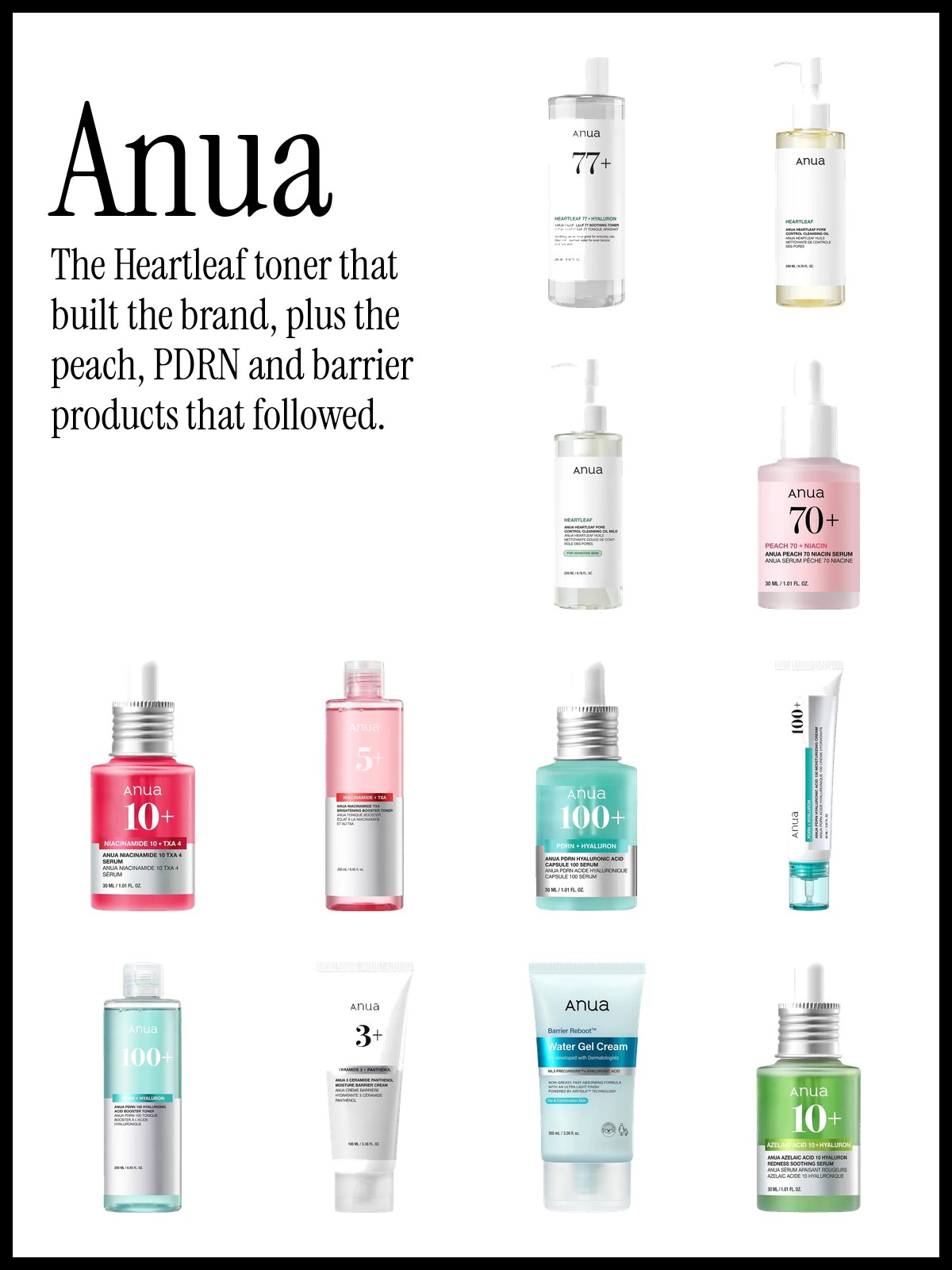 Collage of Anua Heartleaf products with the peach, PDRN and barrier care lineup