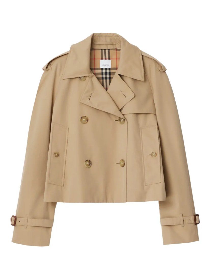 Double-breasted cropped cotton trench coat