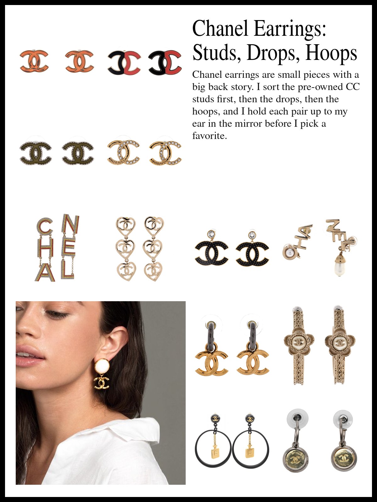 Collage of pre-owned Chanel CC stud earrings, CC drop earrings and CC hoop earrings, and a mood photo of a woman in a white shirt wearing a pearl and gold CC drop earring.