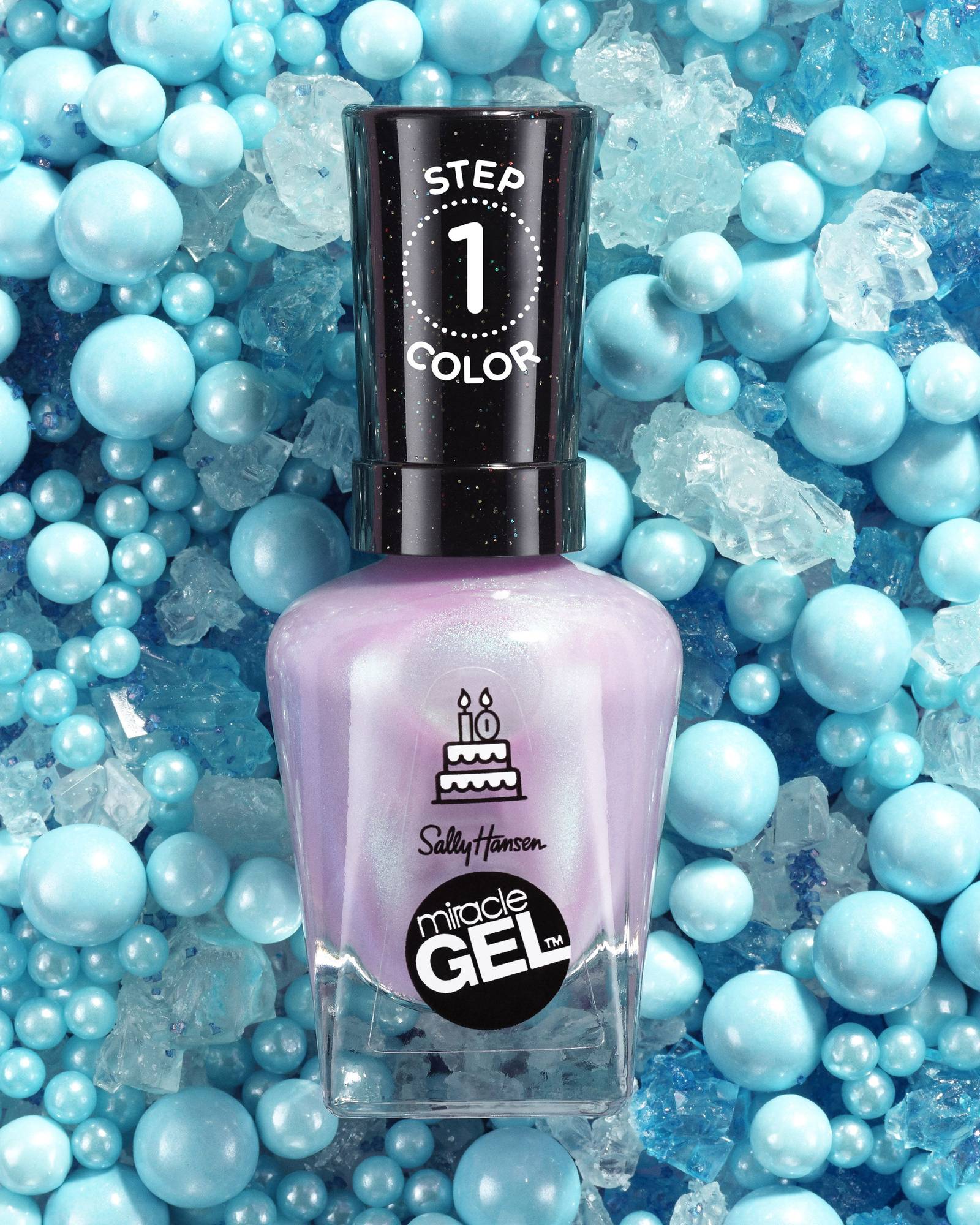 Sally Hansen Miracle Gel bottle in pale pearly lilac on a bed of pale blue candy beads and rock sugar