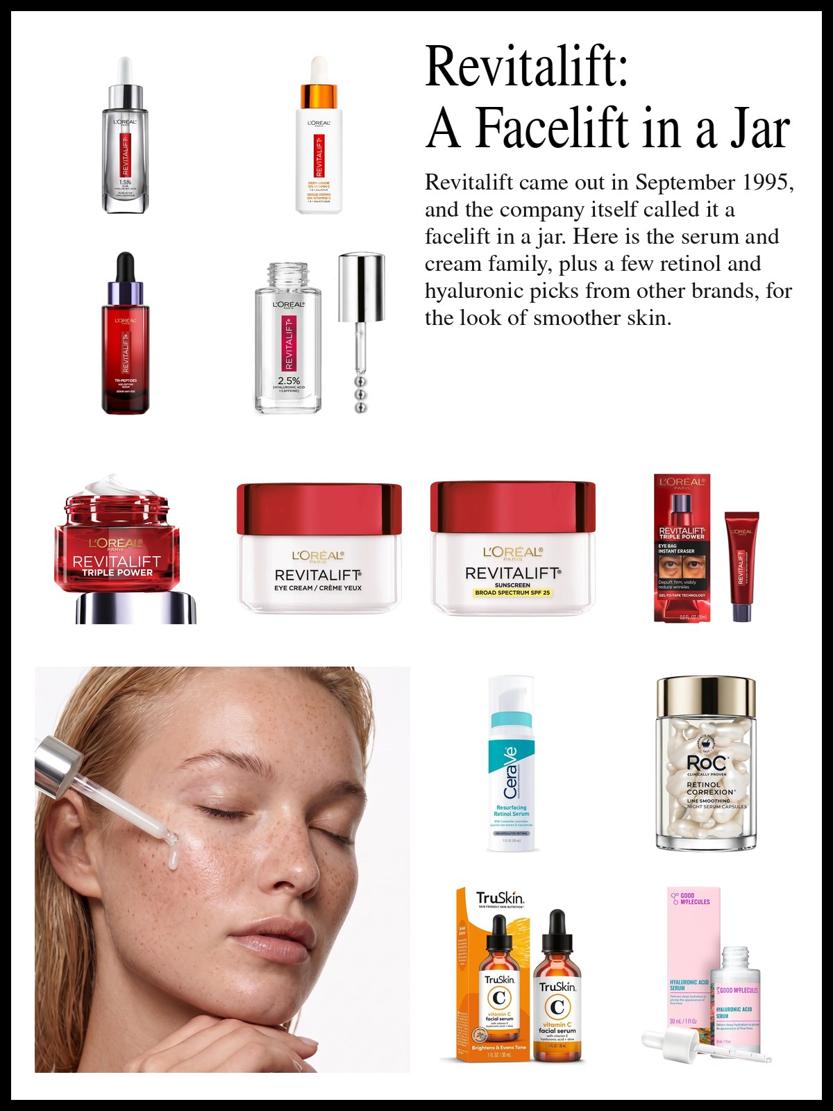 Collage of face serums, night and day creams, eye creams and retinol capsules, and a mood photo of a woman applying serum with a dropper.