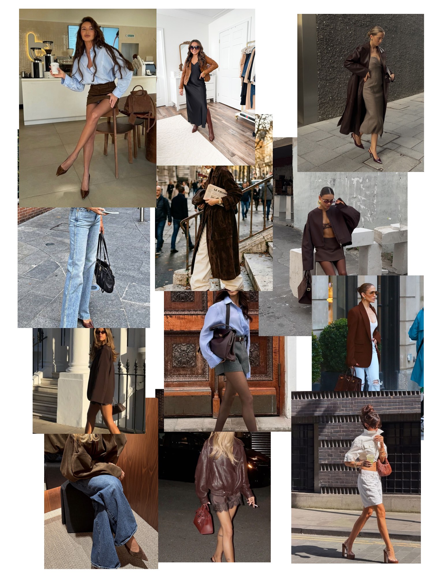 Collage of twelve street-style and editorial photos featuring Brown Heels, scattered and overlapping