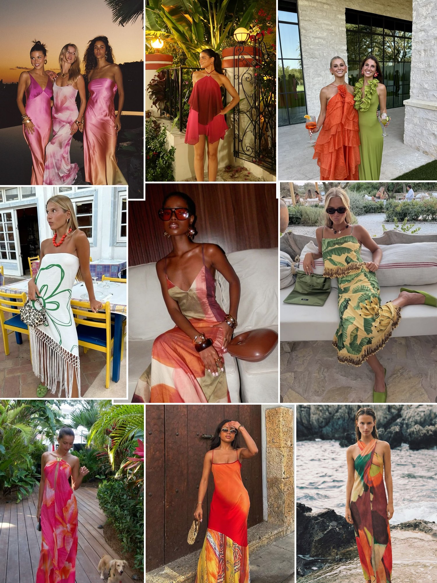 Street style collage of women in bright tropical print maxi dresses and raffia accessories