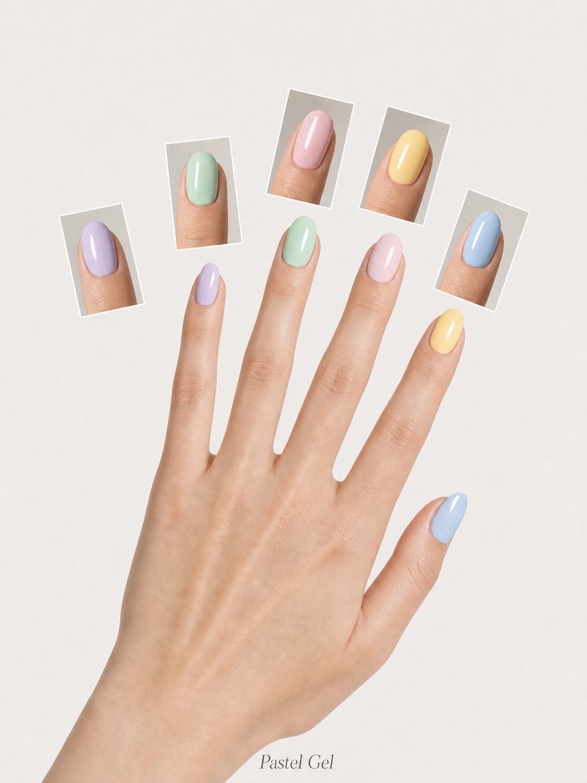 Nail trend collage of a hand with five glossy pastel gel nails in lavender, mint, baby pink, butter yellow and powder blue, with a close-up swatch of each shade above the fingertips