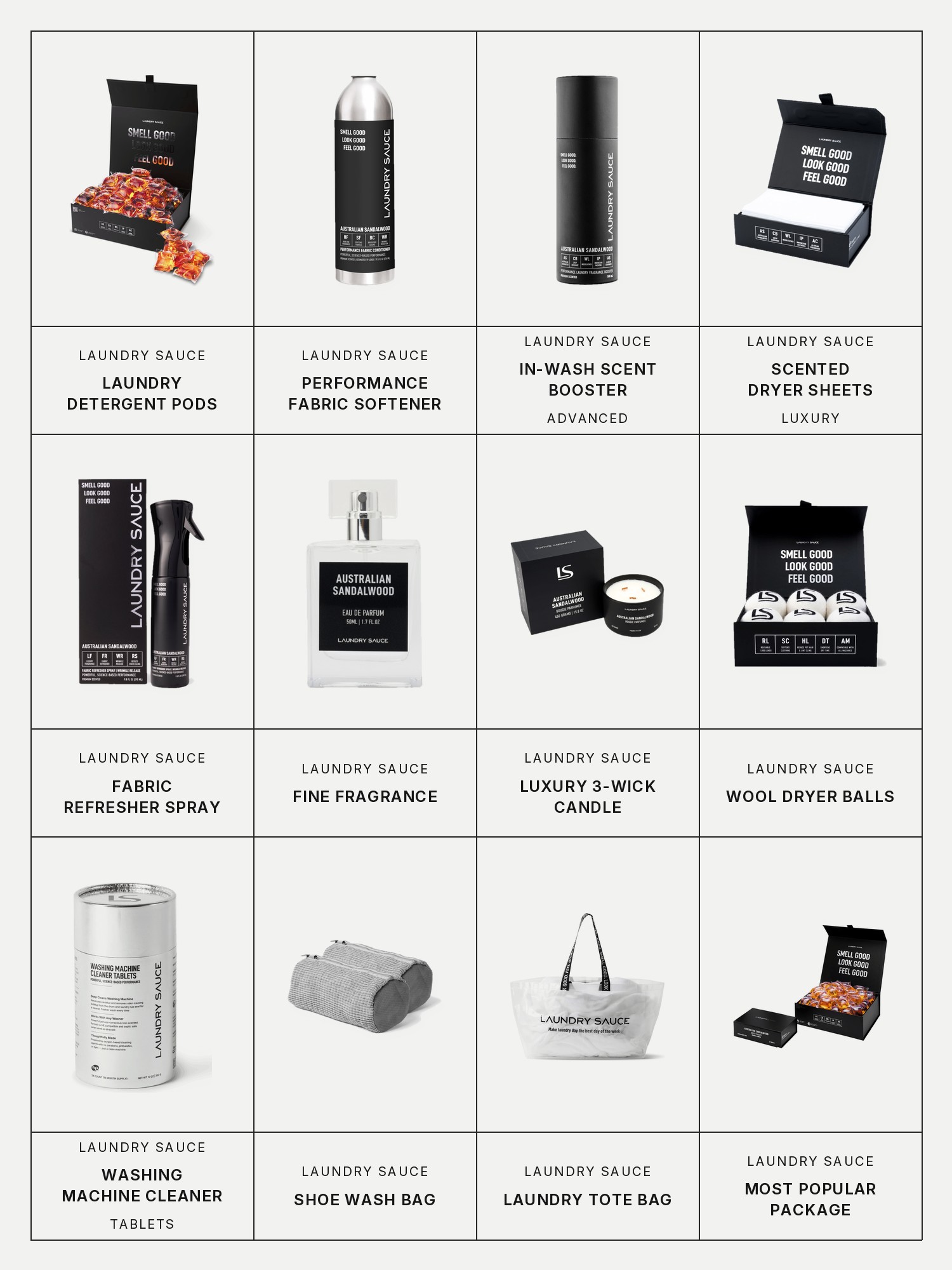 Twelve boxes on a pale grey page, one for each product in this edit, each with its brand and name printed below: Laundry Sauce Laundry Detergent Pods, Laundry Sauce Performance Laundry Fabric Softener, Laundry Sauce Advanced In-Wash Scent Booster, Laundry Sauce Luxury Scented Dryer Sheets, Laundry Sauce Fabric Refresher Spray, Laundry Sauce Fine Fragrance, Laundry Sauce Luxury 3-Wick Candle, Laundry Sauce Wool Dryer Balls, Laundry Sauce Washing Machine Cleaner Tablets, Laundry Sauce Shoe Wash Bag, Laundry Sauce Laundry Tote Bag and Laundry Sauce Most Popular Package.