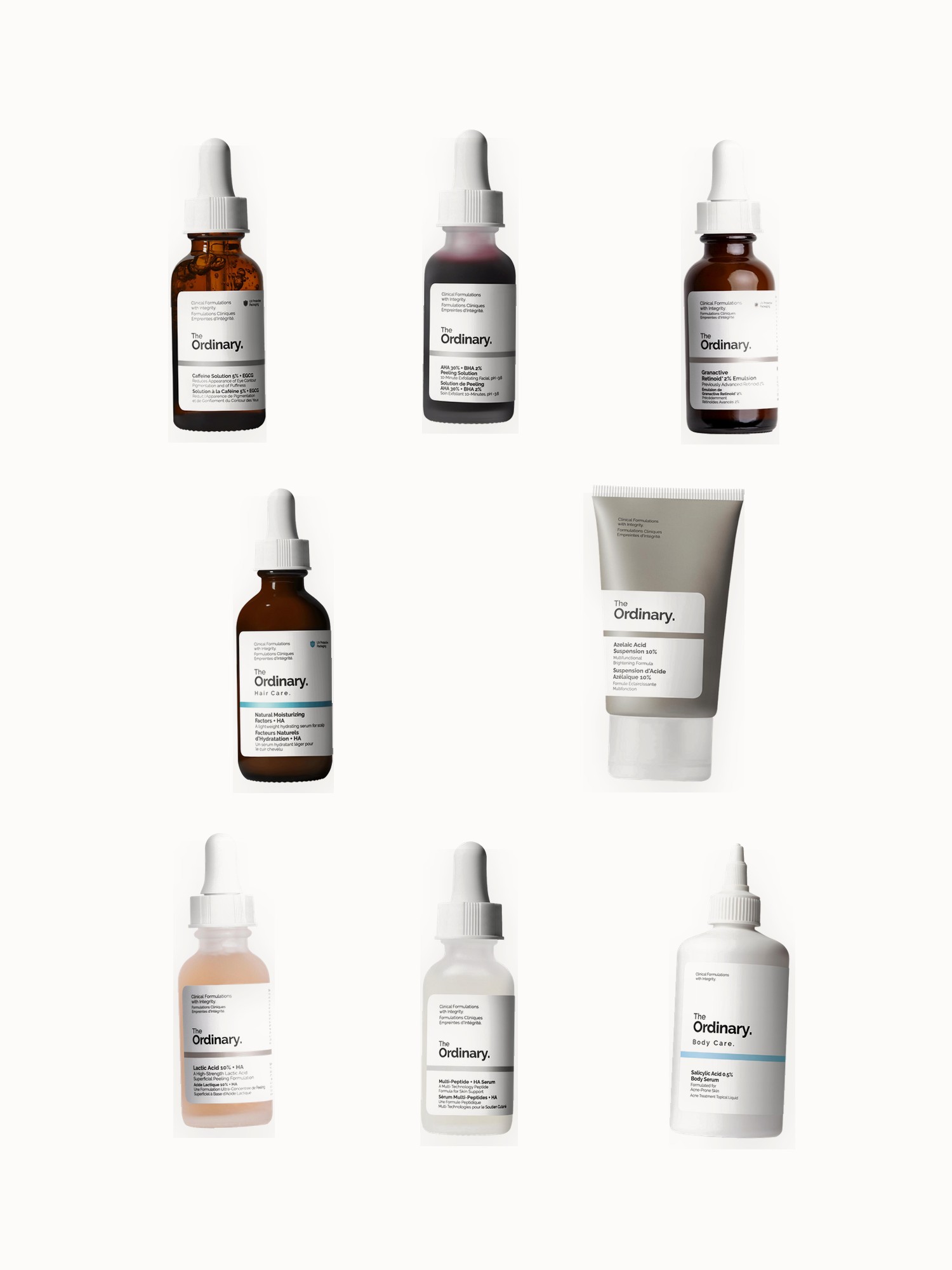Flat lay of The Ordinary serums, acids and scalp formulas on an off-white background