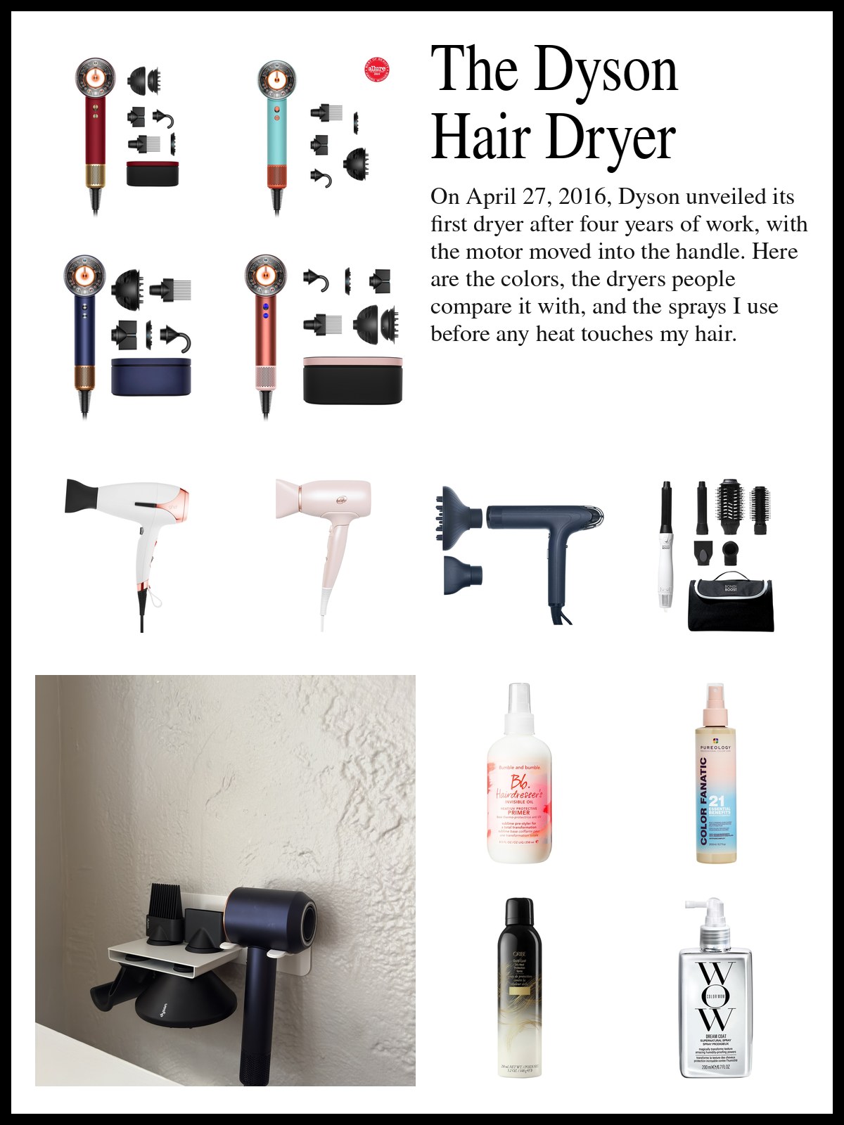 Collage of Dyson dryers, other blow-dryers and heat protectant sprays beside a photo of two blush-pink jars and a black-capped tube floating in a tall glass of fizzy water with a bent straw.