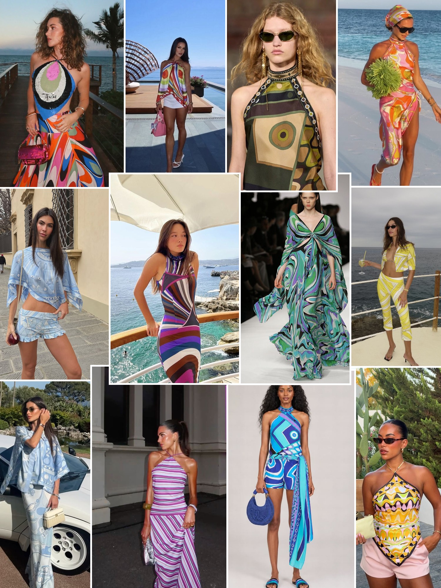 Collage of runway looks, campaign shots and street style outfits that capture the Pucci mood