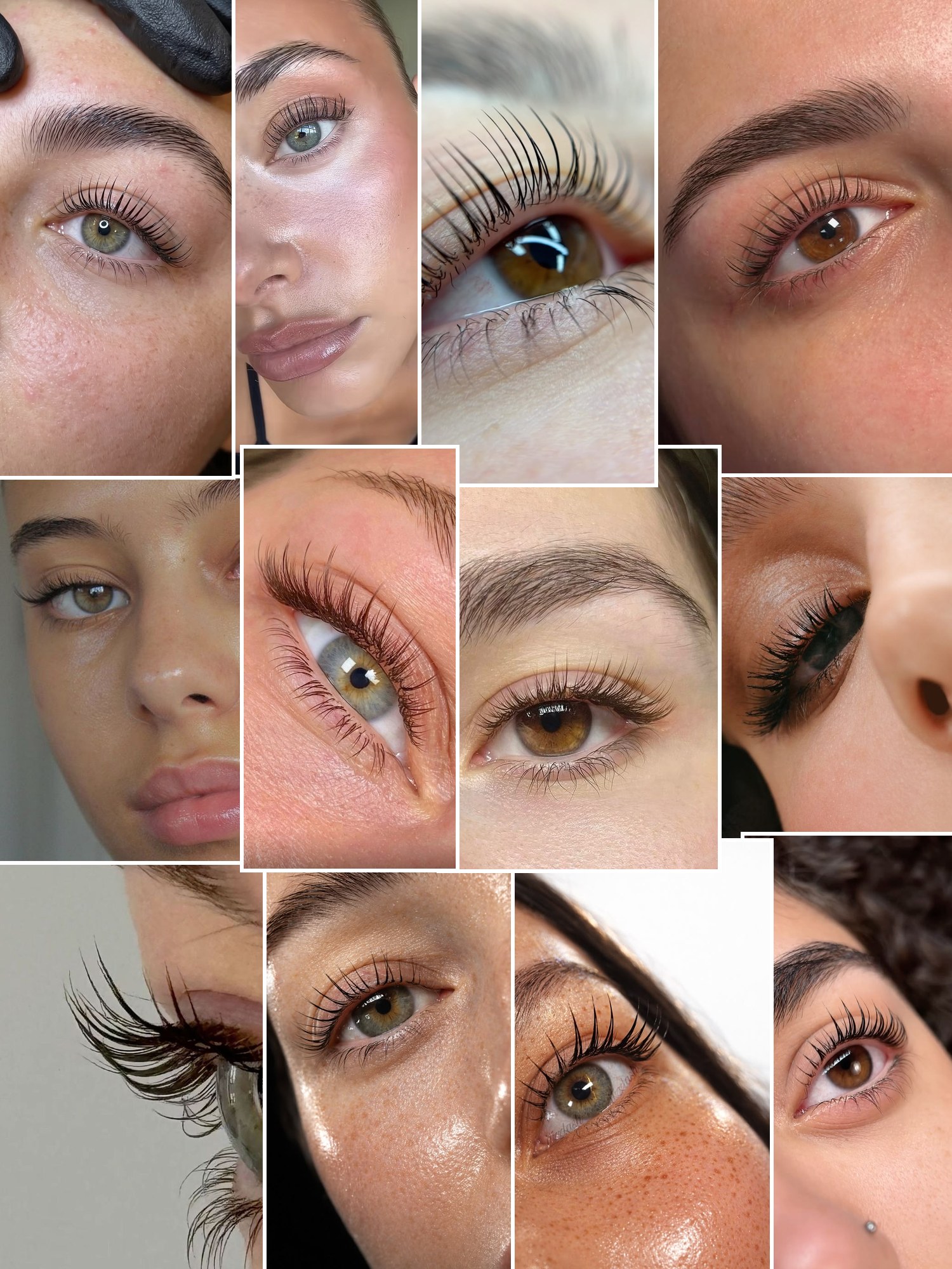 Collage of everyday outfits built around lash lift