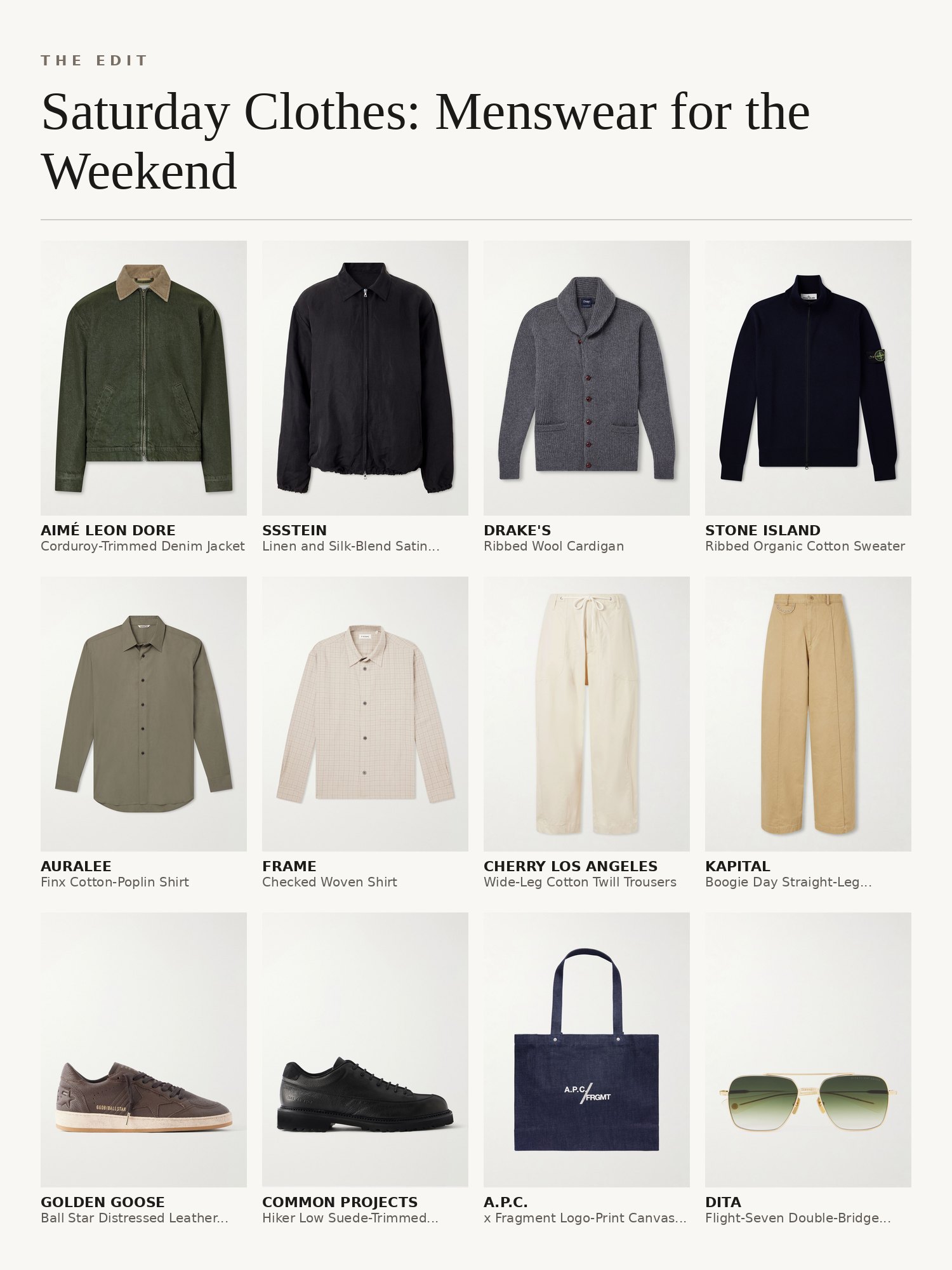 Collage of weekend menswear: denim and corduroy jackets, knit cardigans, polos, wide-leg jeans, suede loafers, sneakers, caps and sunglasses