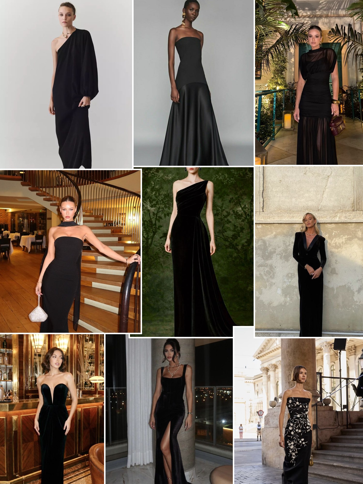 Collage of everyday outfits built around black formal dresses