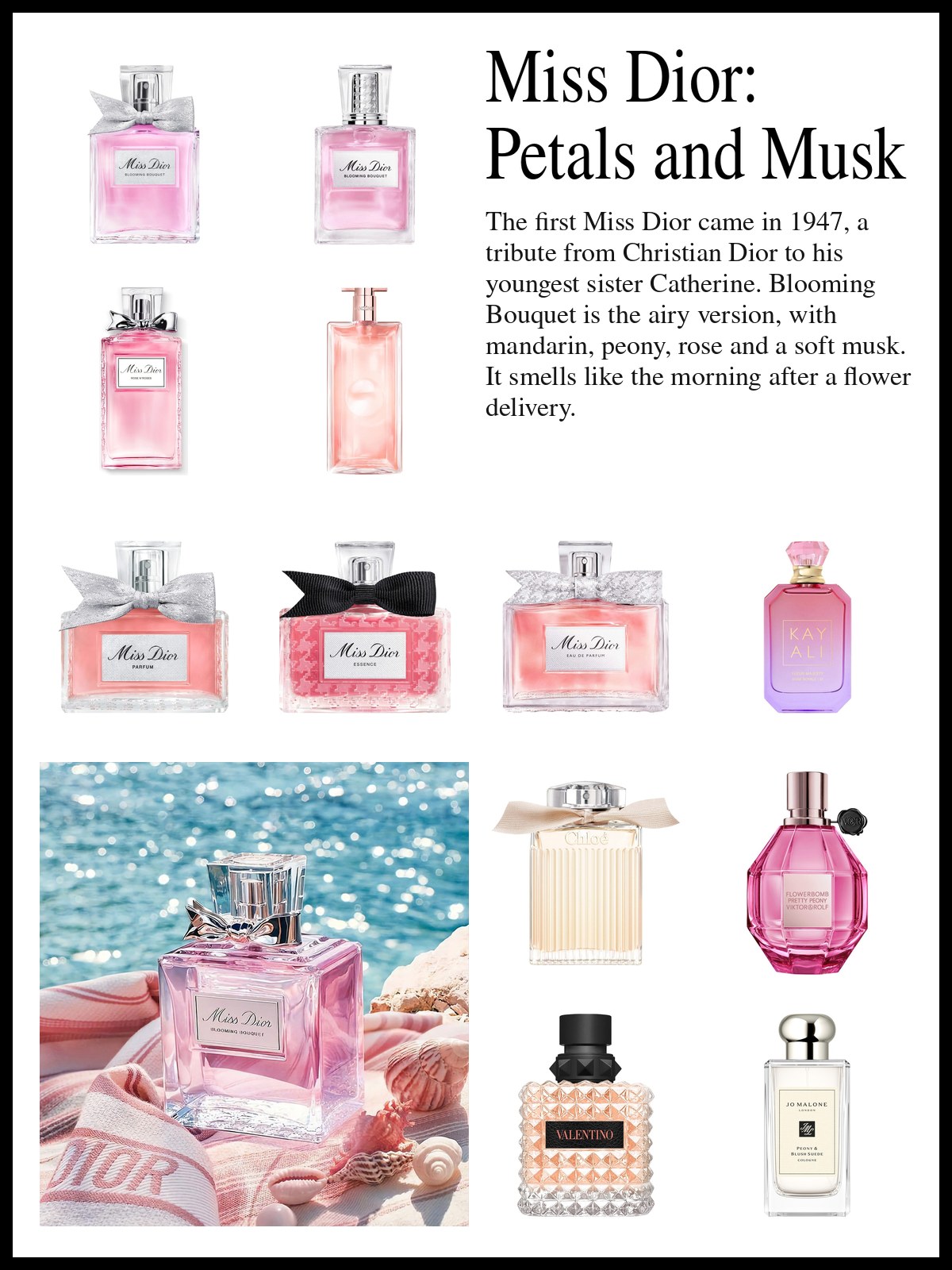 Collage of pale pink Dior perfume bottles, a roller-pearl and soft floral perfumes from other houses beside a peony petal, and a mood photo of a Miss Dior bottle by the sea.