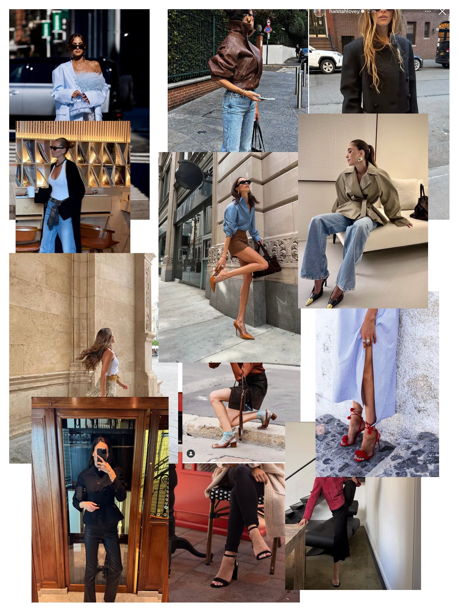 Street-style collage of 12 outfit photos featuring aquazzura heels, scattered and overlapping