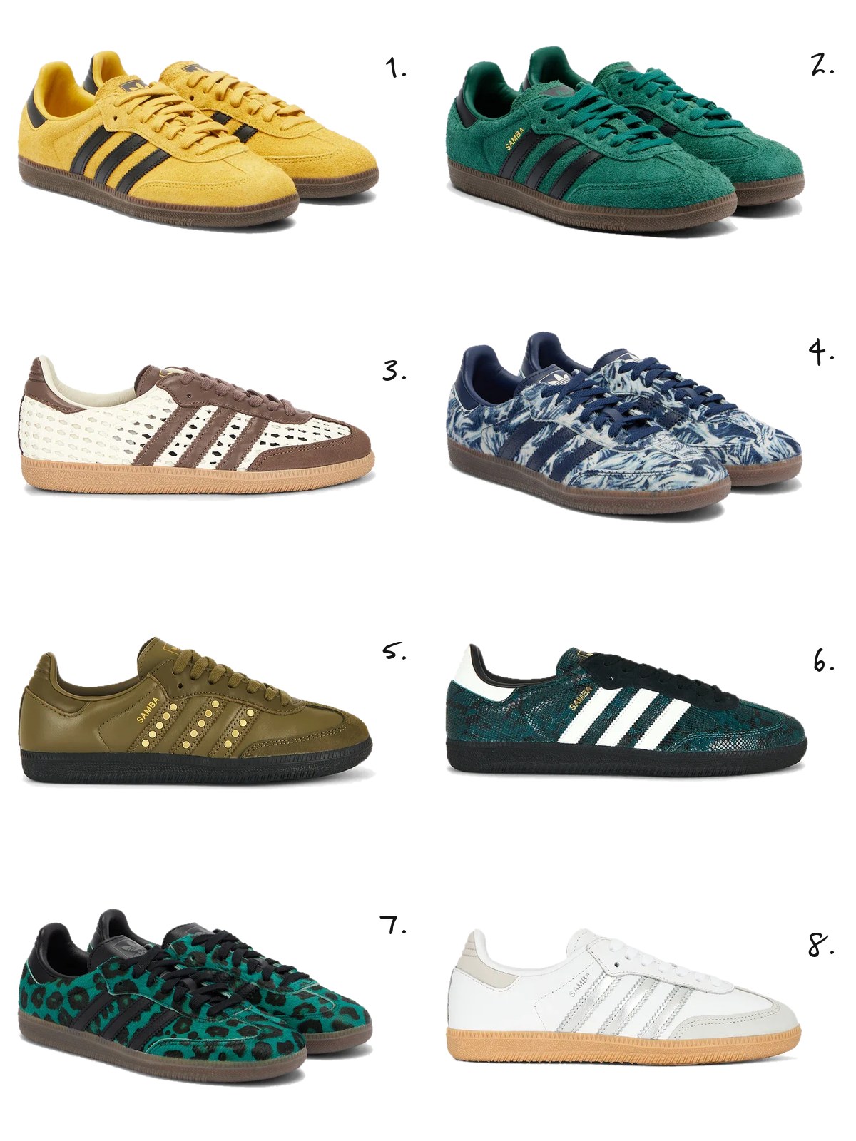 Eight Samba sneakers numbered one to eight