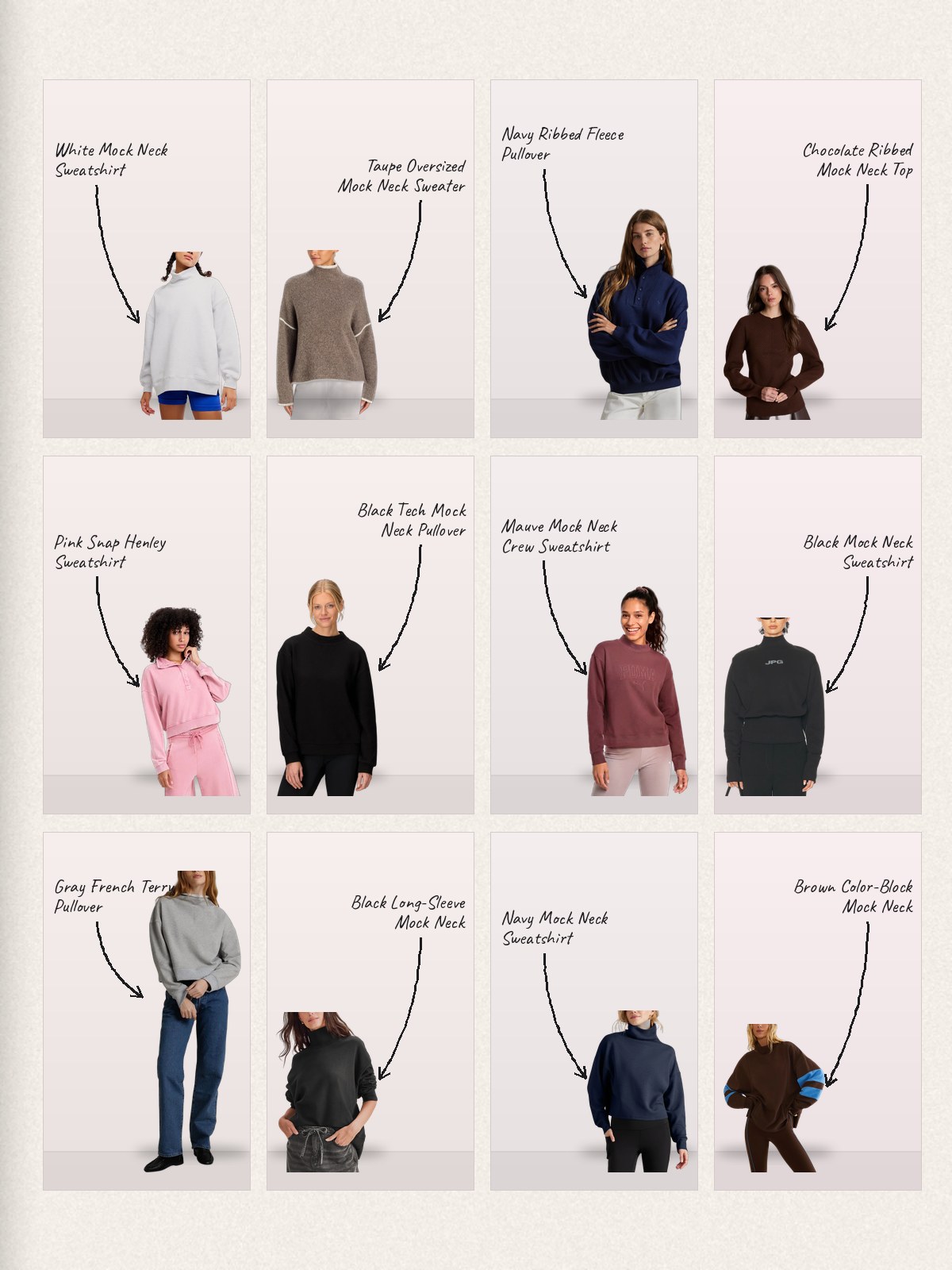 A handwritten-label garment grid of mock-neck pullovers by FP Movement, Polo Ralph Lauren, and other brands.