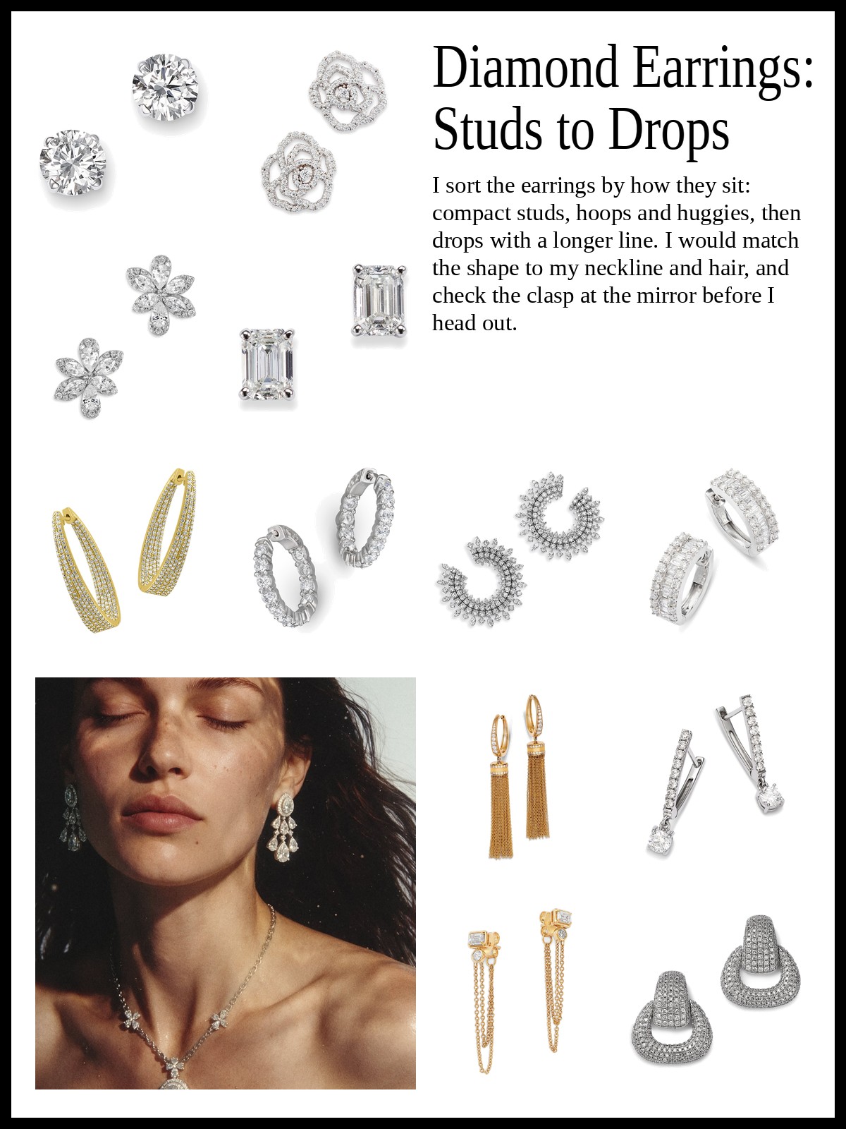 Collage of diamond stud earrings, diamond hoops and huggies, and diamond drop and statement earrings, plus a mood photo of diamond earrings on a model