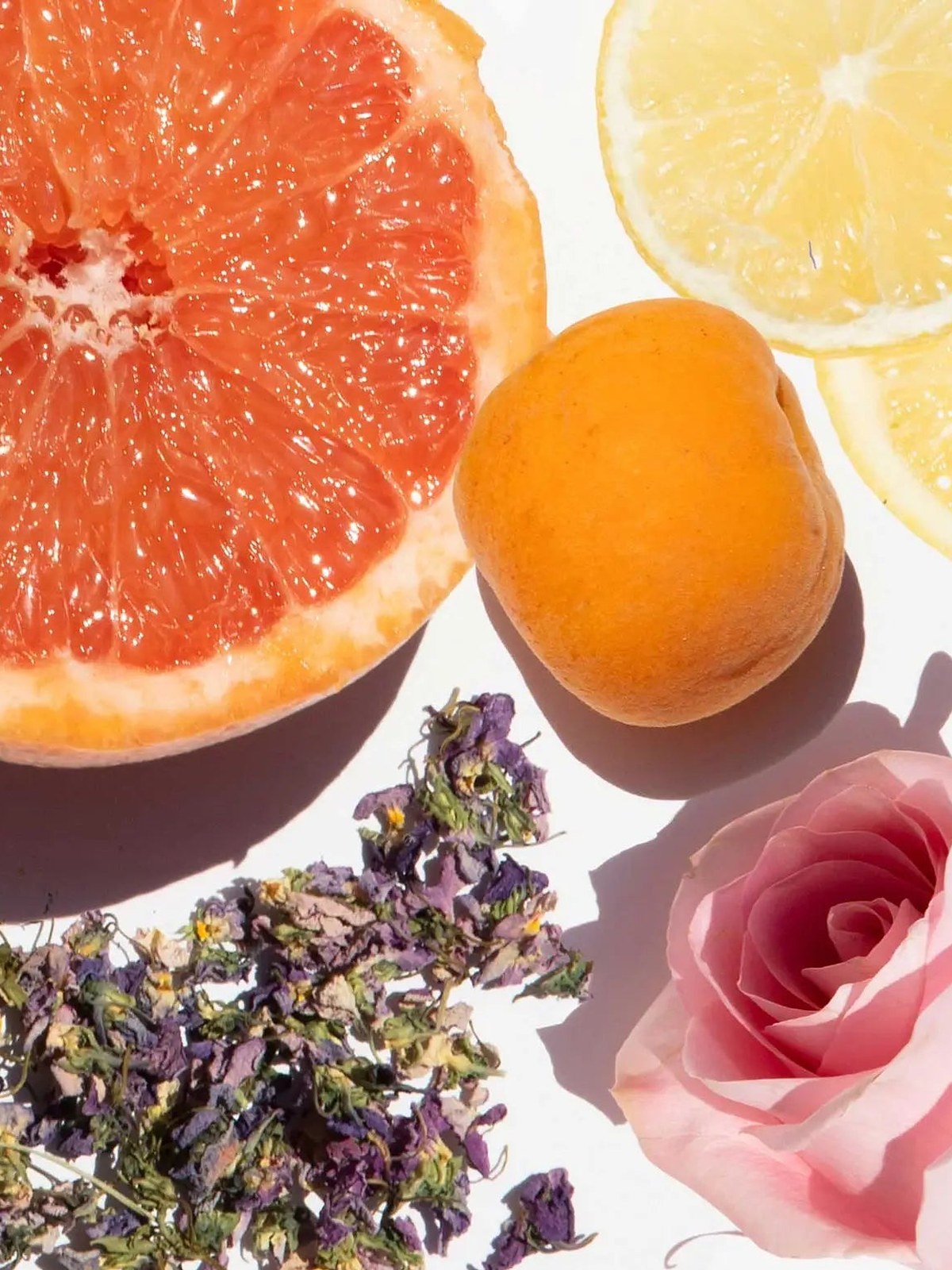 Grapefruit, lemon, apricot, rose and dried lavender laid flat