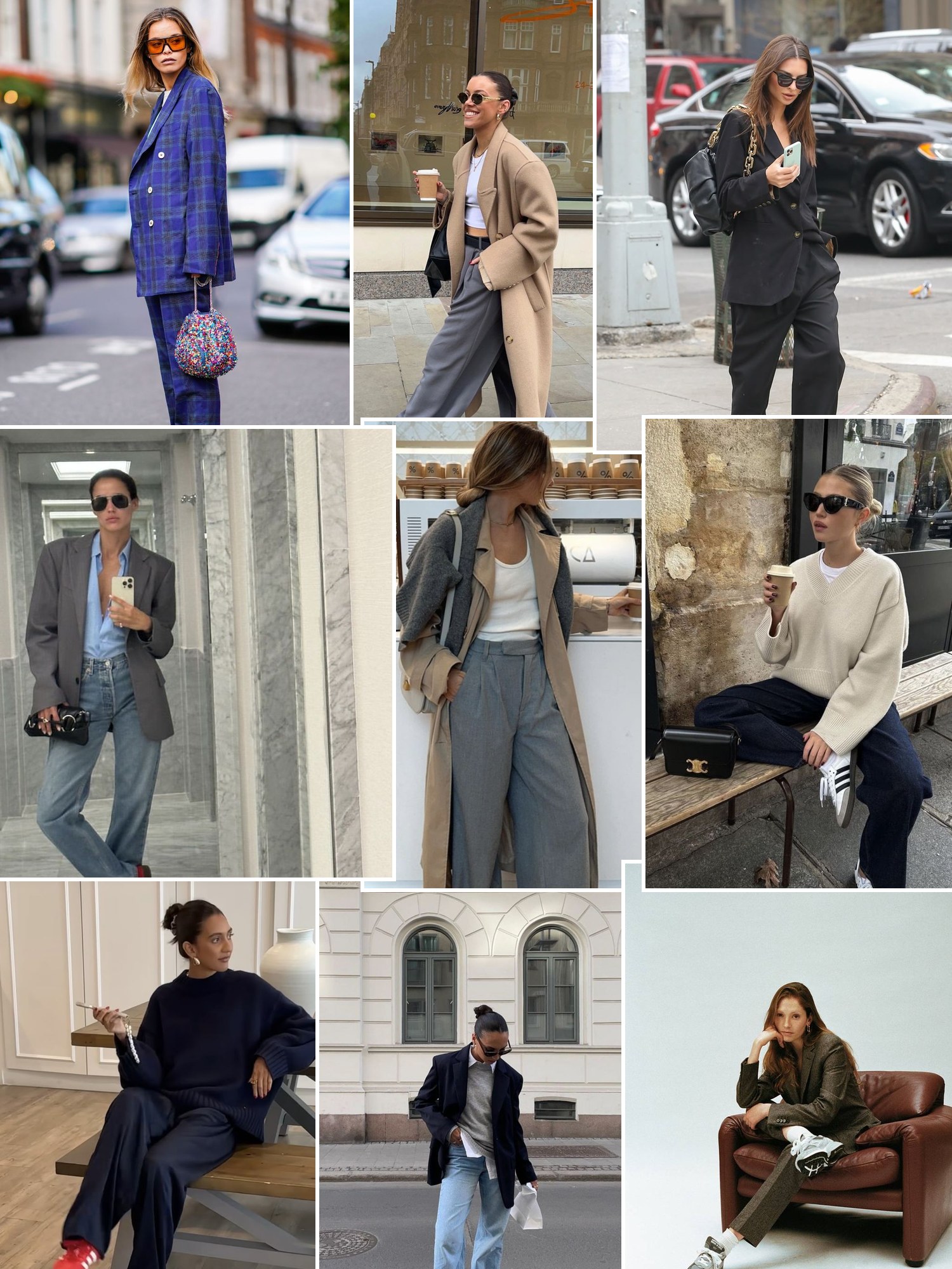 Collage of office outfits with white leather and retro sneakers