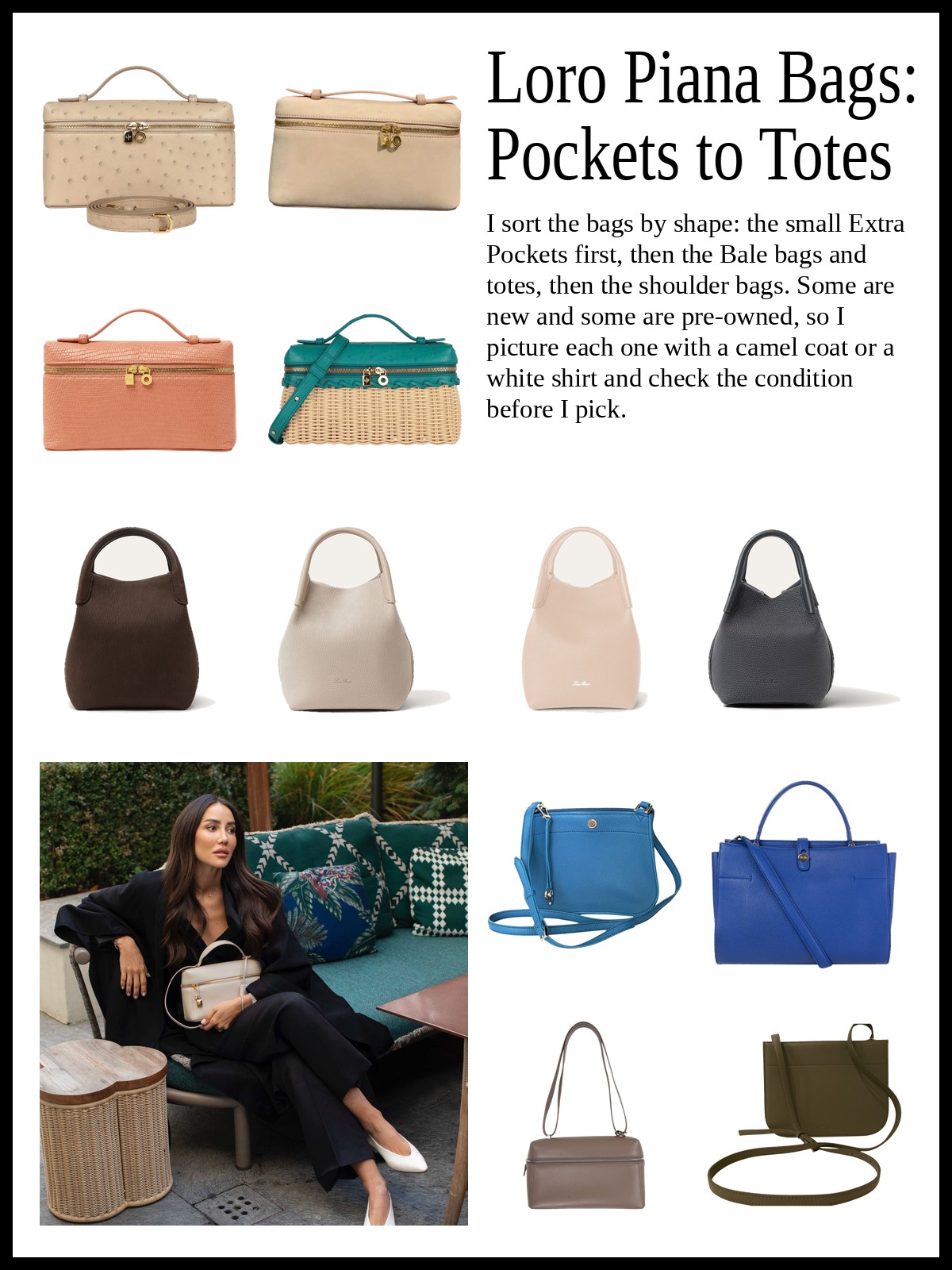 Collage of zip pouch and box bags, bucket bags and totes, and crossbody and shoulder bags, and a mood photo of a woman seated in black holding a cream bag