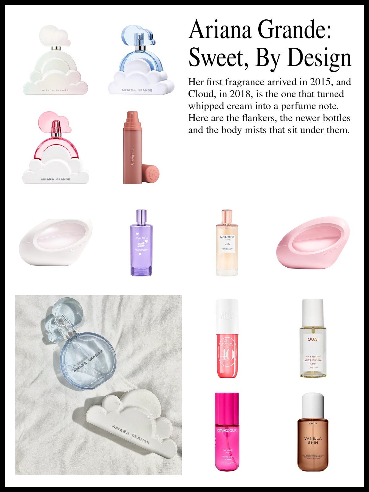 Collage of Ariana Grande perfumes and sweet body mists beside a photo of a pink frosted cake slice on a striped plate with a fork, a pink lip balm tube and a pink candle stub.
