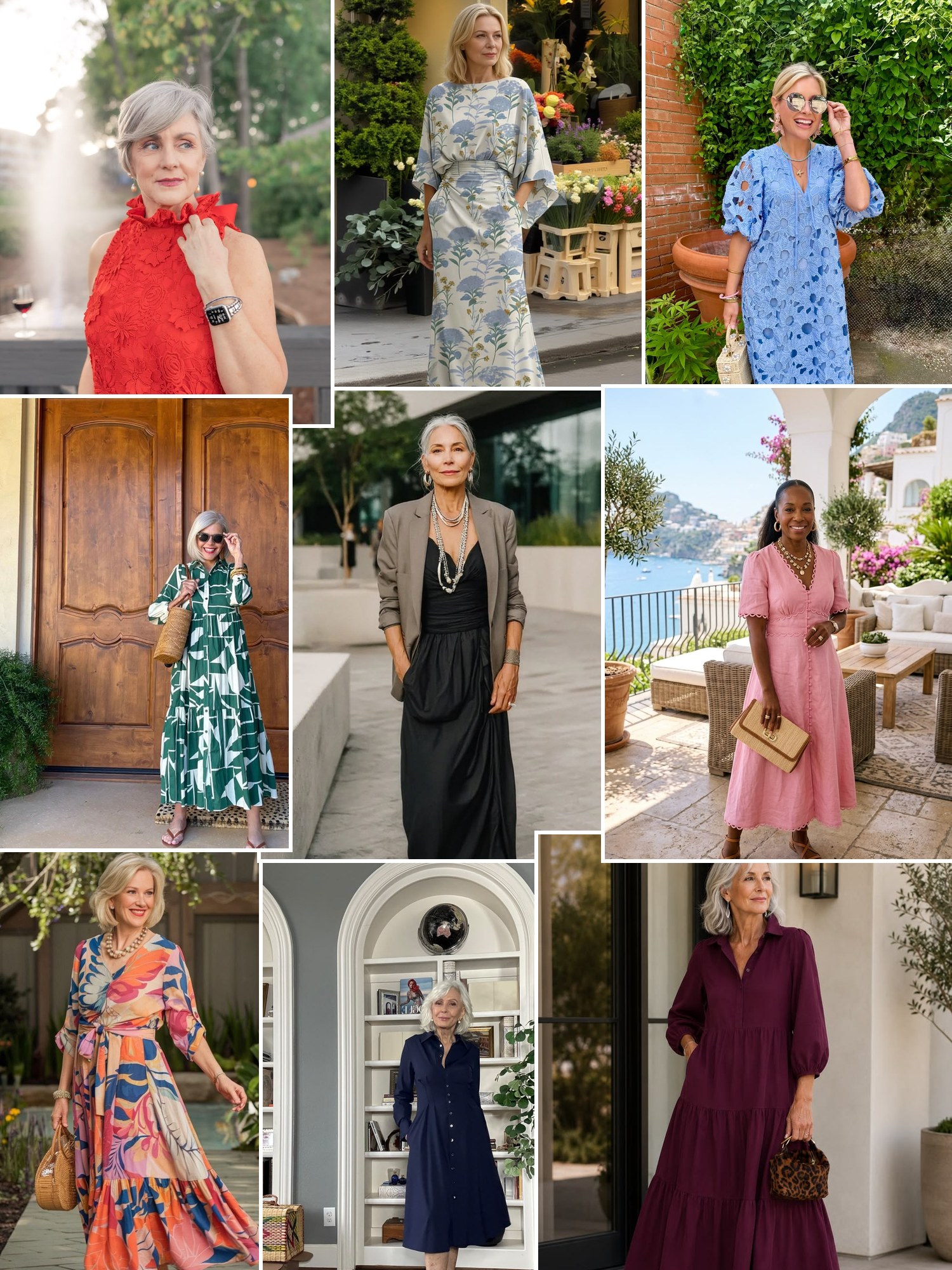 Collage of everyday outfits built around wedding guest dresses for women over 50