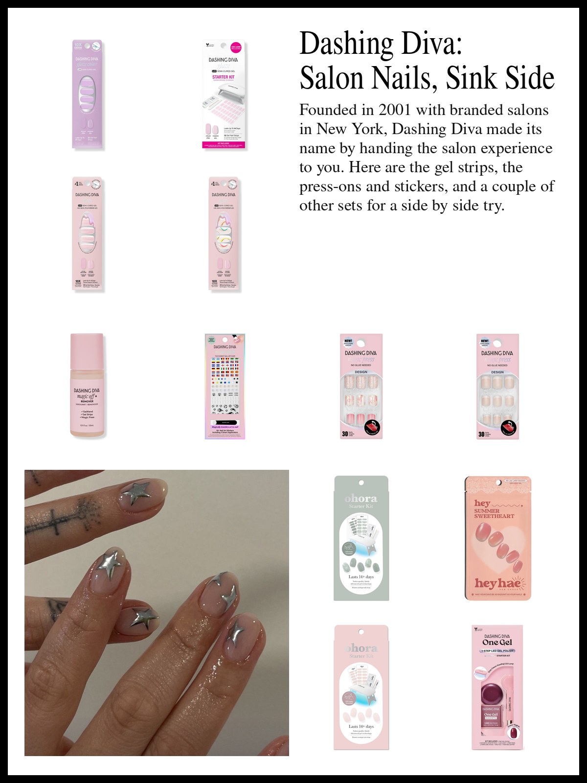 Collage of Dashing Diva gel nail strips, press-on nails and nail art stickers, and gel nail sets from other brands, beside a mood photo of nails with glazed silver star details.