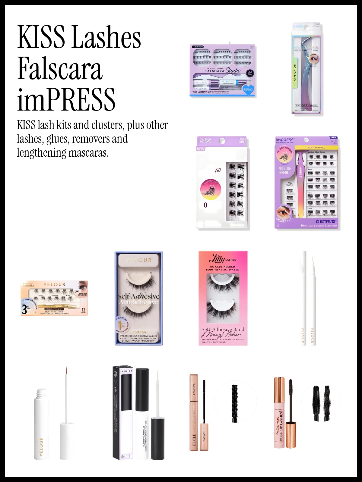 Collage of KISS Falscara Studio Lash Extension Kit, Velour-Xtensions Self-Stick Lash Kit and Velour Glue & Go Pen