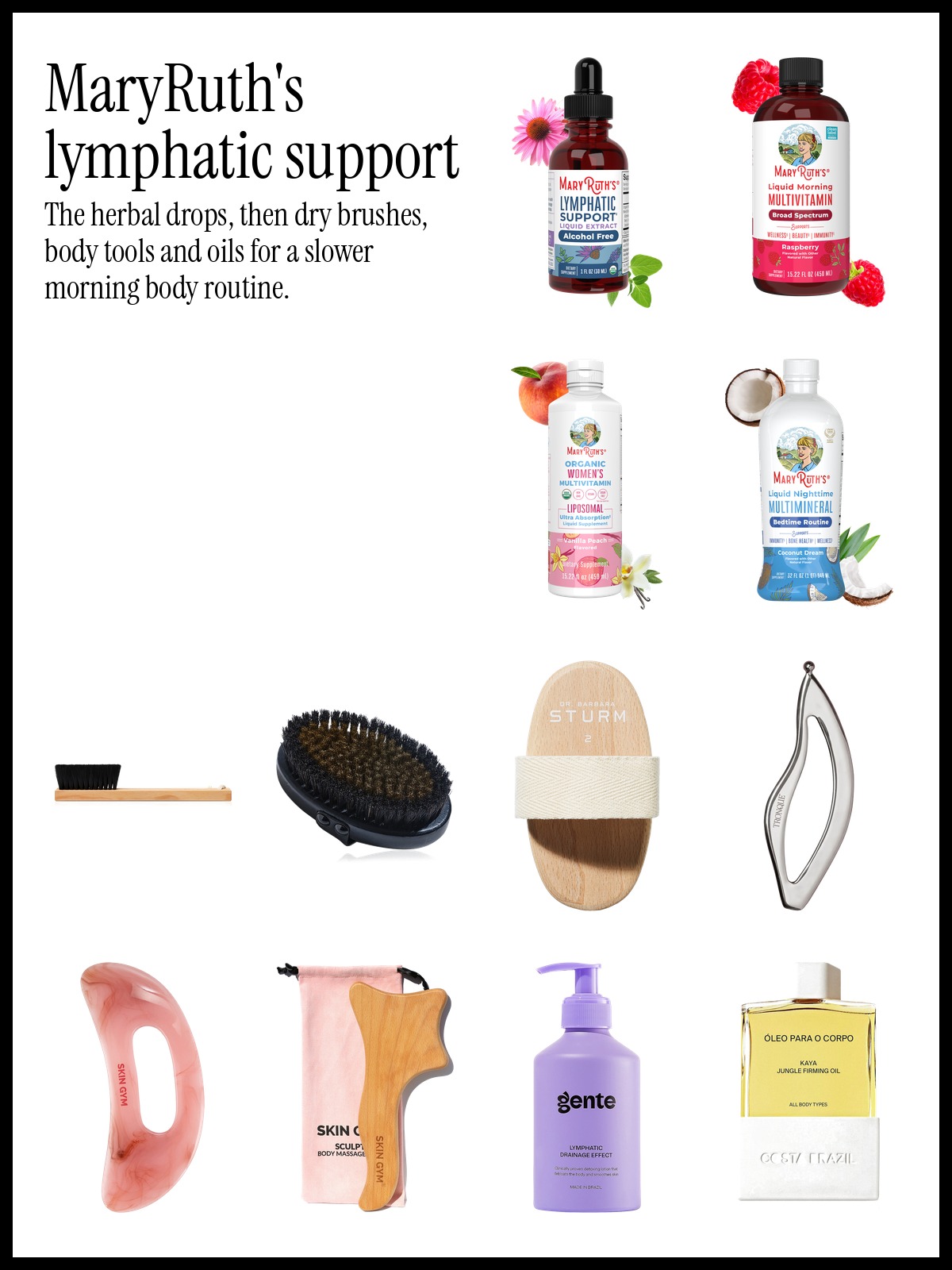 Collage of MaryRuth's Organic Lymphatic Support Herbal Blend, Costa Brazil Lymphatic Dry Brush and Tronque Body Gua Sha