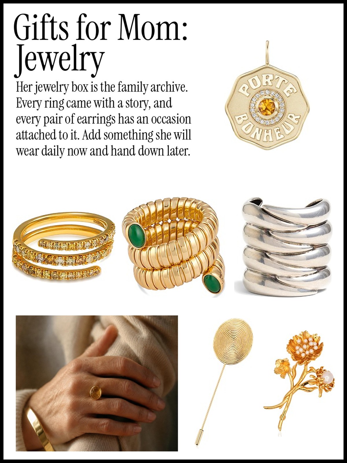 Gifts for Mom: Jewelry collage of gold hoops, citrine rings, cuffs, pendants and brooches