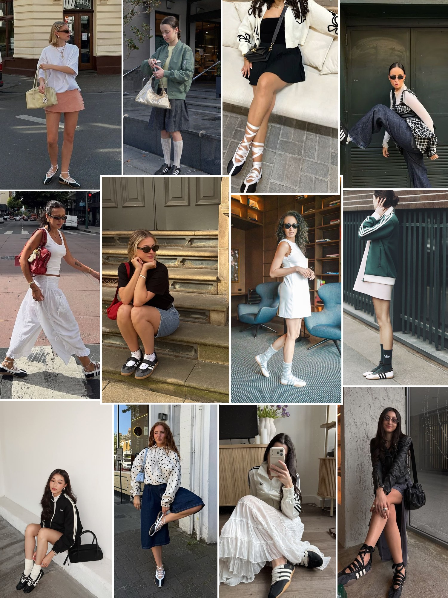 Street style collage of women wearing adidas ballet flats
